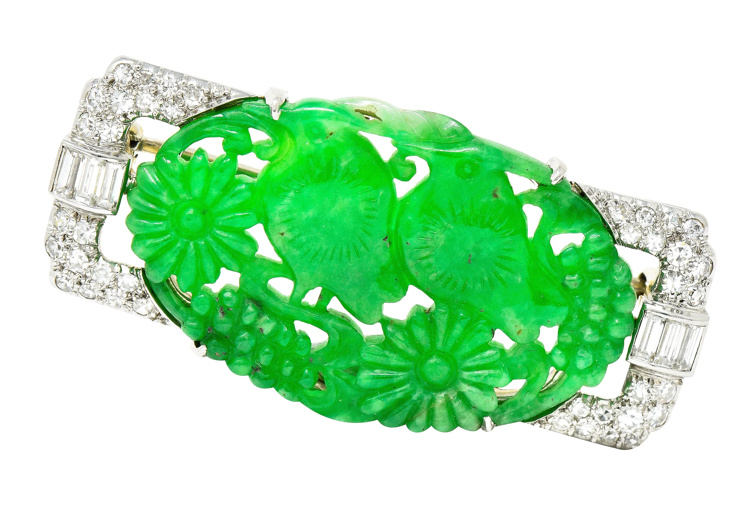 Art Deco Diamond Carved Jade Platinum 18 Karat White Gold Floral Bird Brooch