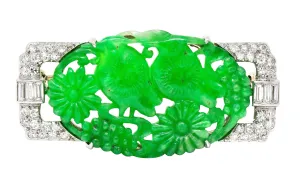 Art Deco Diamond Carved Jade Platinum 18 Karat White Gold Floral Bird Brooch