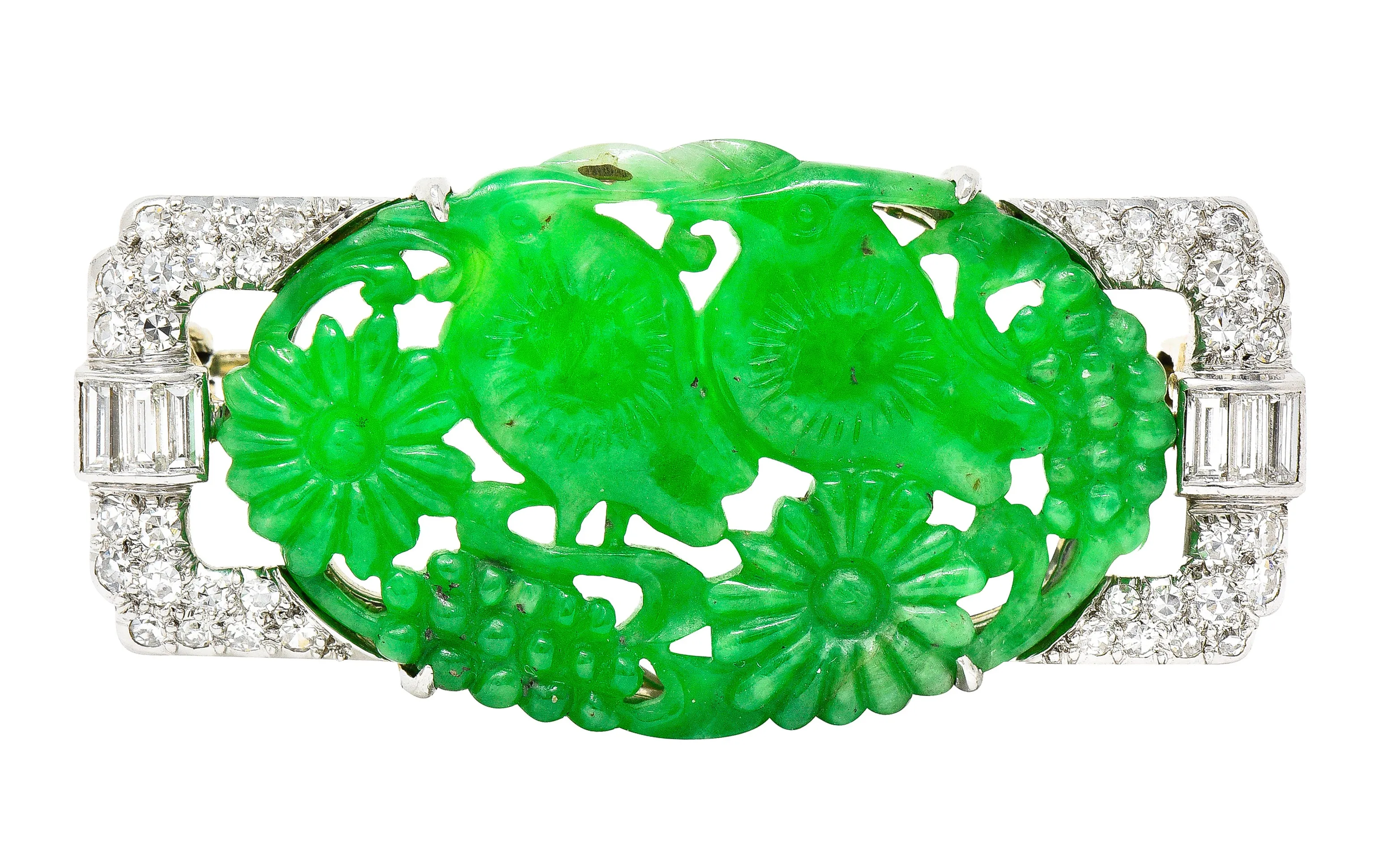 Art Deco Diamond Carved Jade Platinum 18 Karat White Gold Floral Bird Brooch
