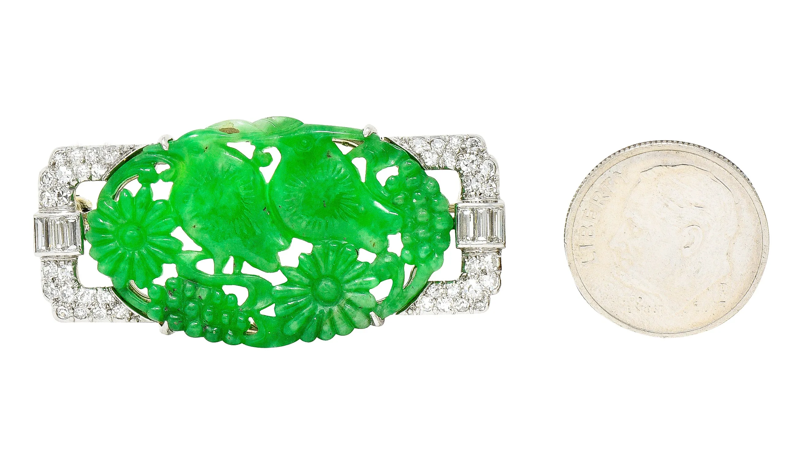 Art Deco Diamond Carved Jade Platinum 18 Karat White Gold Floral Bird Brooch