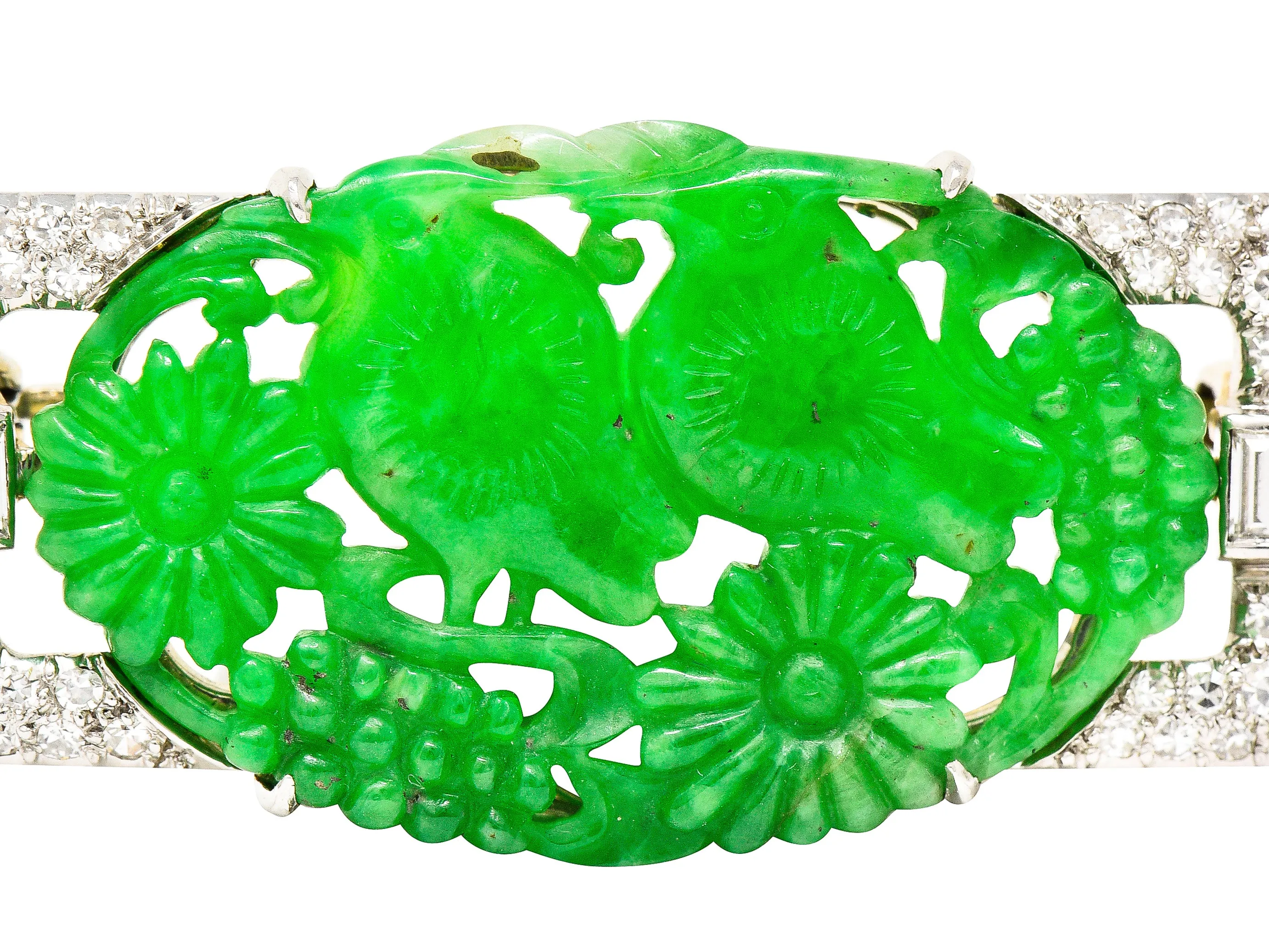 Art Deco Diamond Carved Jade Platinum 18 Karat White Gold Floral Bird Brooch