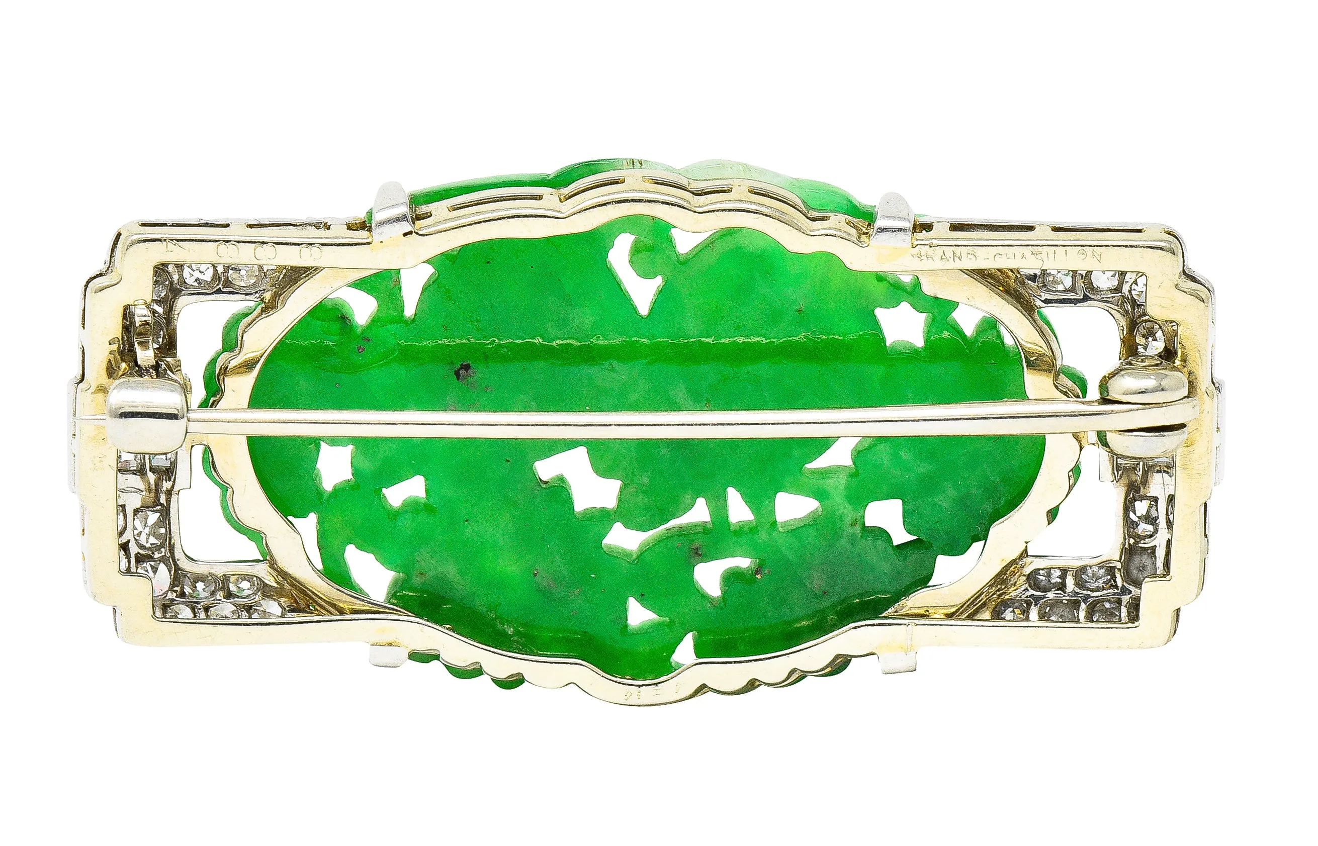 Art Deco Diamond Carved Jade Platinum 18 Karat White Gold Floral Bird Brooch