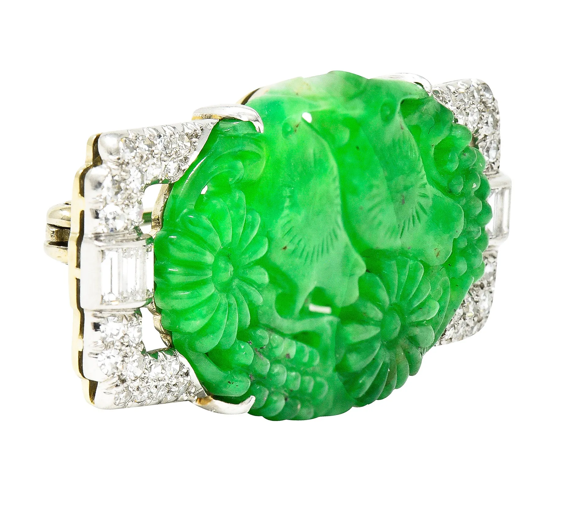 Art Deco Diamond Carved Jade Platinum 18 Karat White Gold Floral Bird Brooch