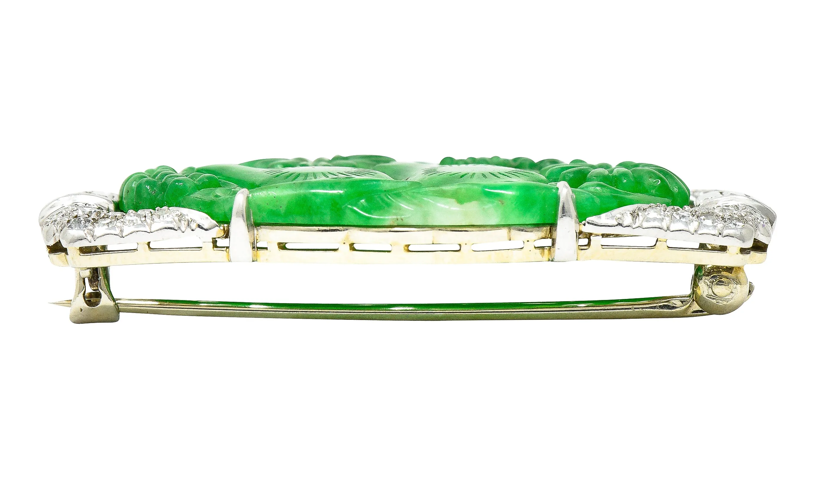 Art Deco Diamond Carved Jade Platinum 18 Karat White Gold Floral Bird Brooch