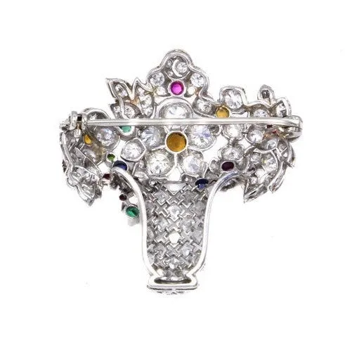 Art Deco Platinum Citrine, Diamond, Emerald, Ruby & Sapphire Jardinire Brooch