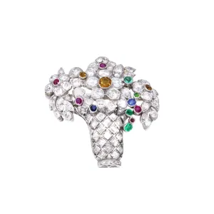 Art Deco Platinum Citrine, Diamond, Emerald, Ruby & Sapphire Jardinire Brooch