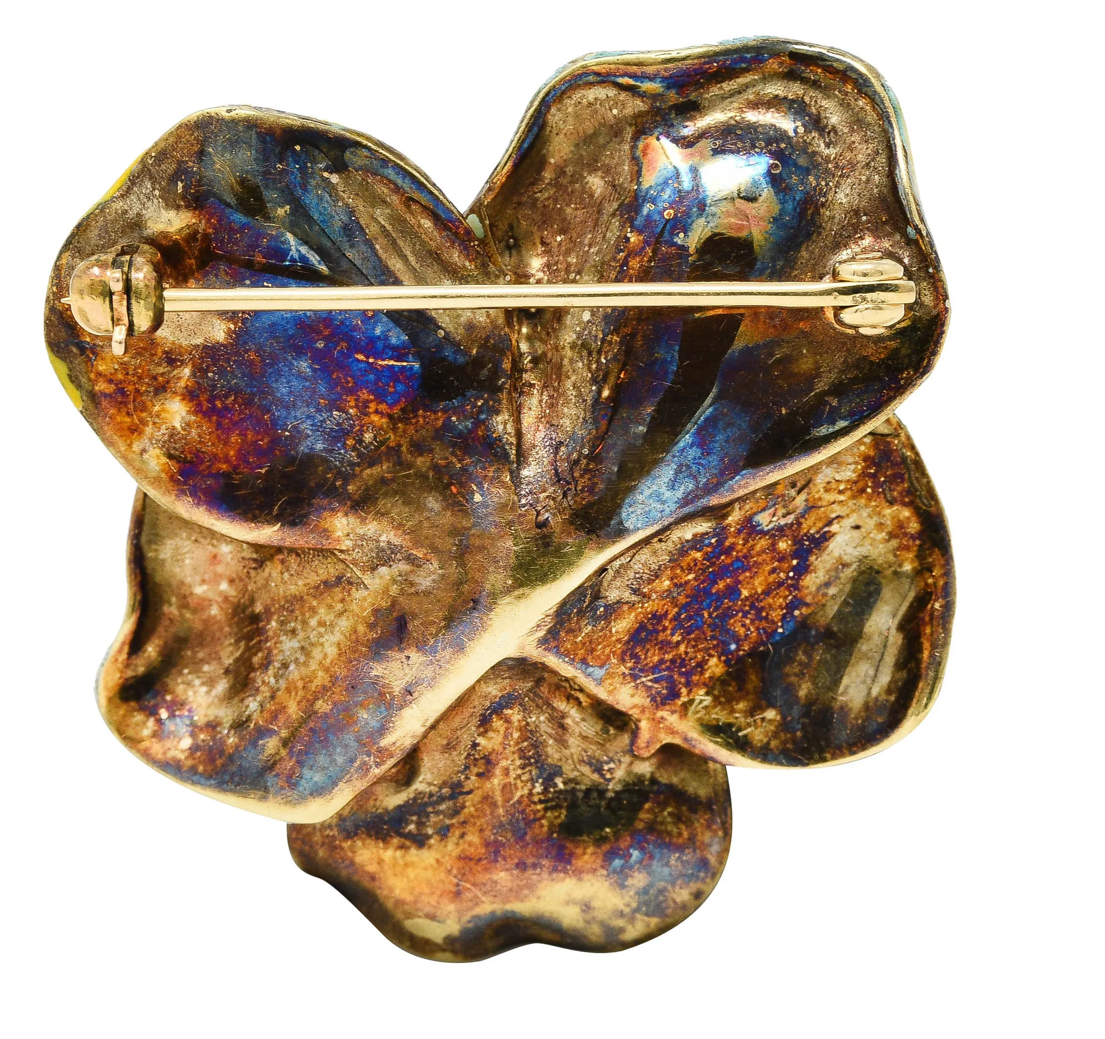 Art Nouveau Diamond Enamel 14 Karat Yellow Gold Pansy Antique Brooch
