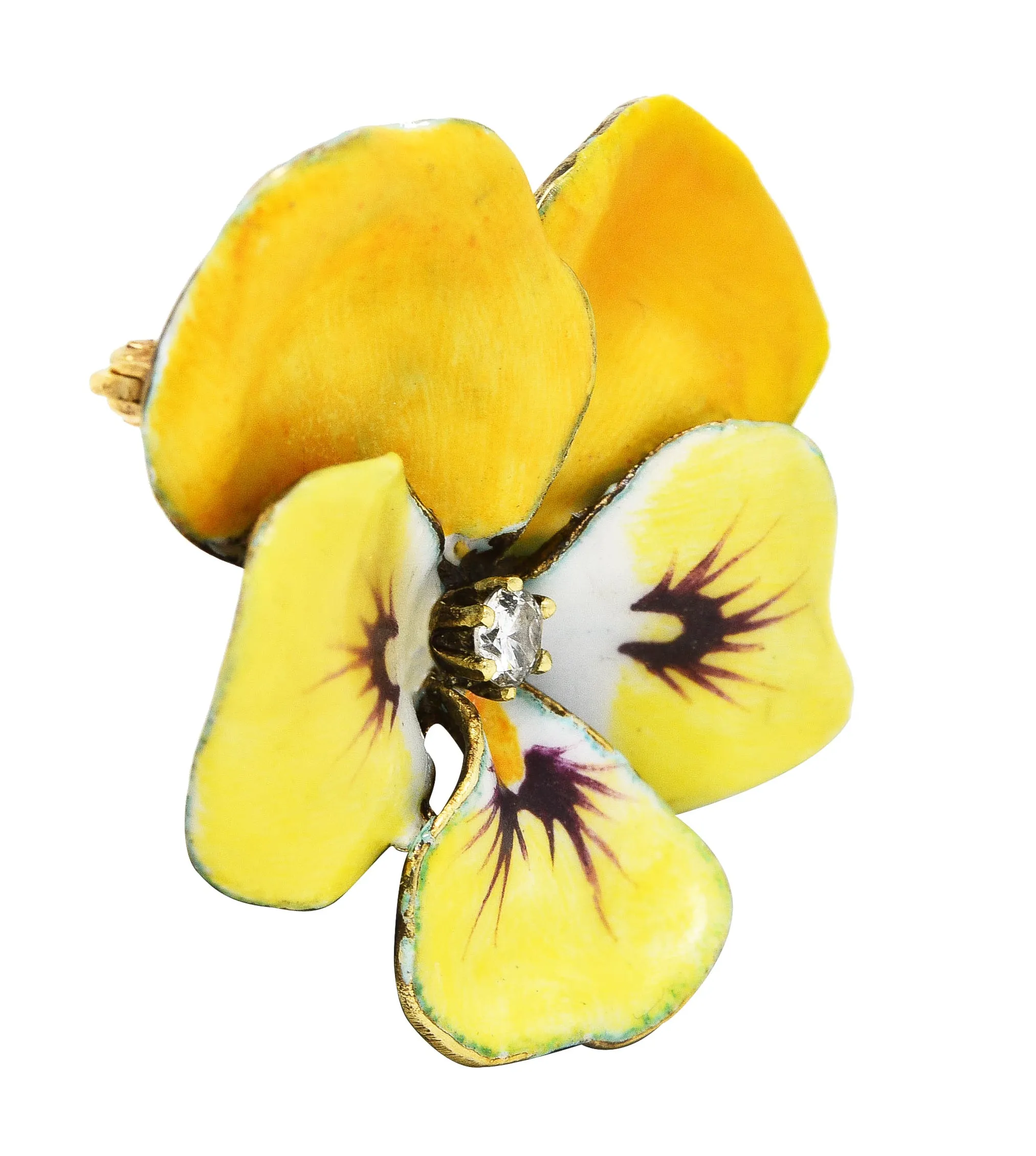 Art Nouveau Diamond Enamel 14 Karat Yellow Gold Pansy Antique Brooch