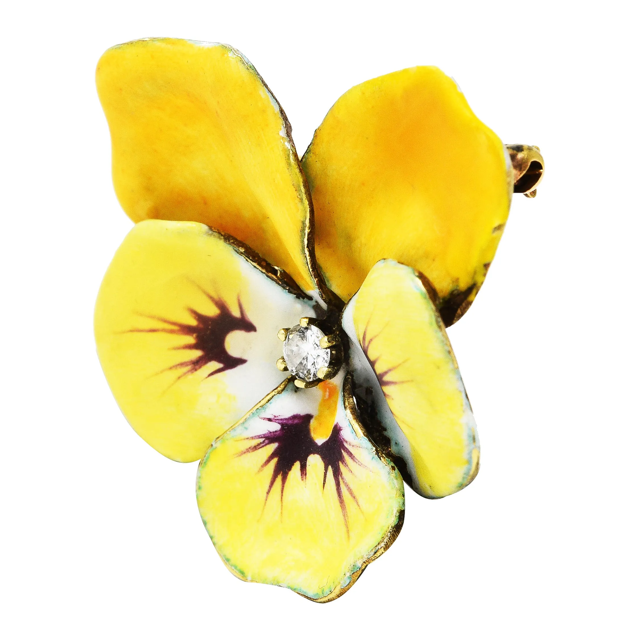 Art Nouveau Diamond Enamel 14 Karat Yellow Gold Pansy Antique Brooch
