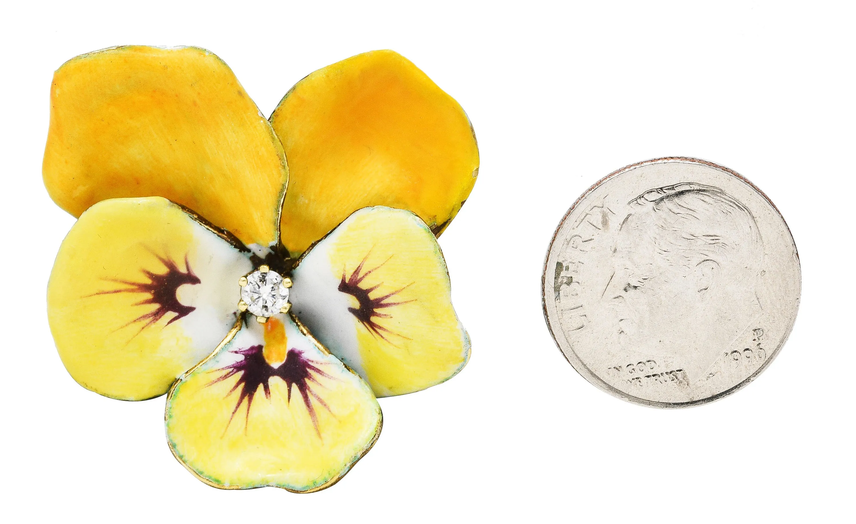 Art Nouveau Diamond Enamel 14 Karat Yellow Gold Pansy Antique Brooch
