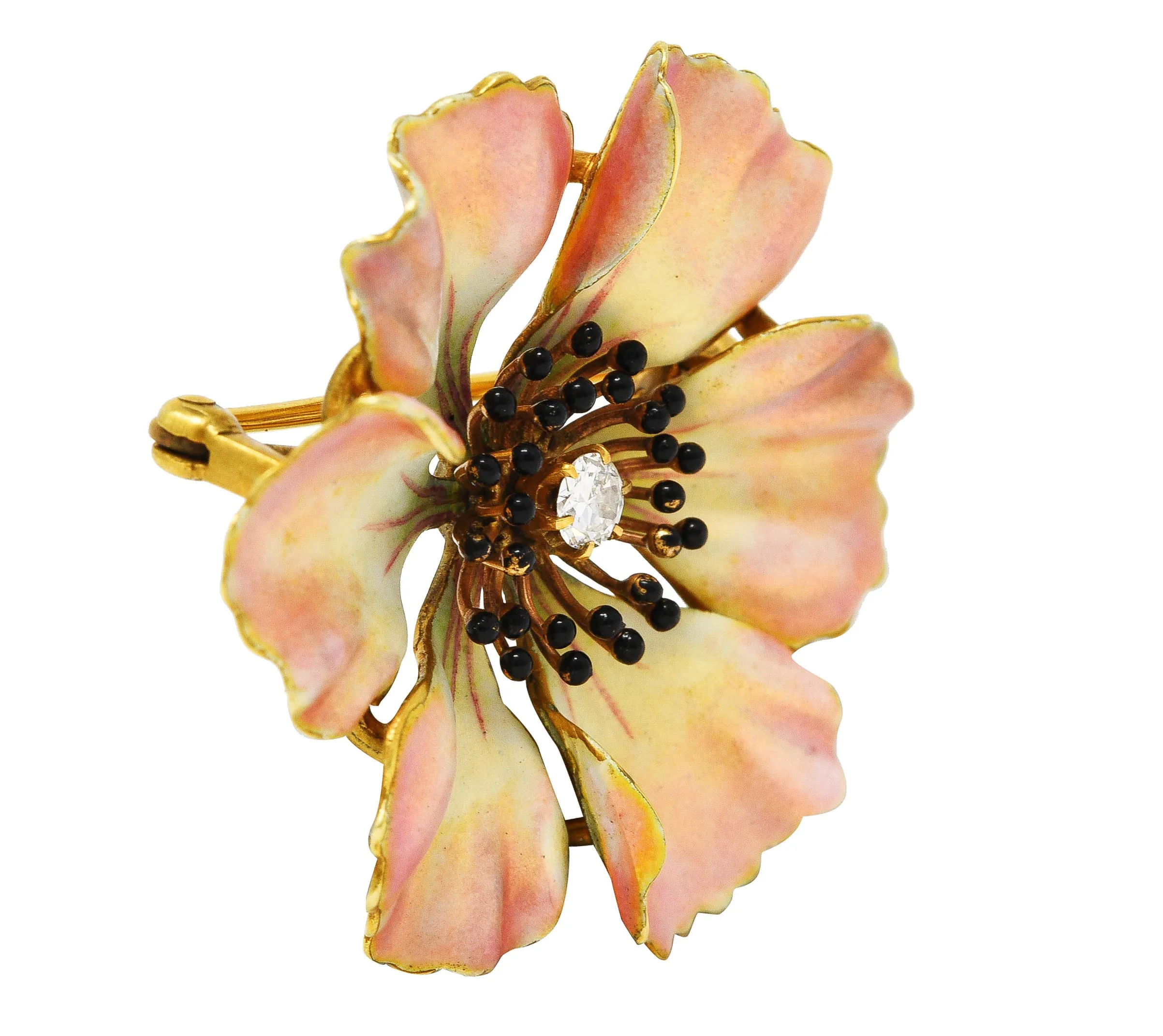 Art Nouveau Old European Cut Diamond Enamel 14 Karat Yellow Gold Poppy Pansy Antique Brooch