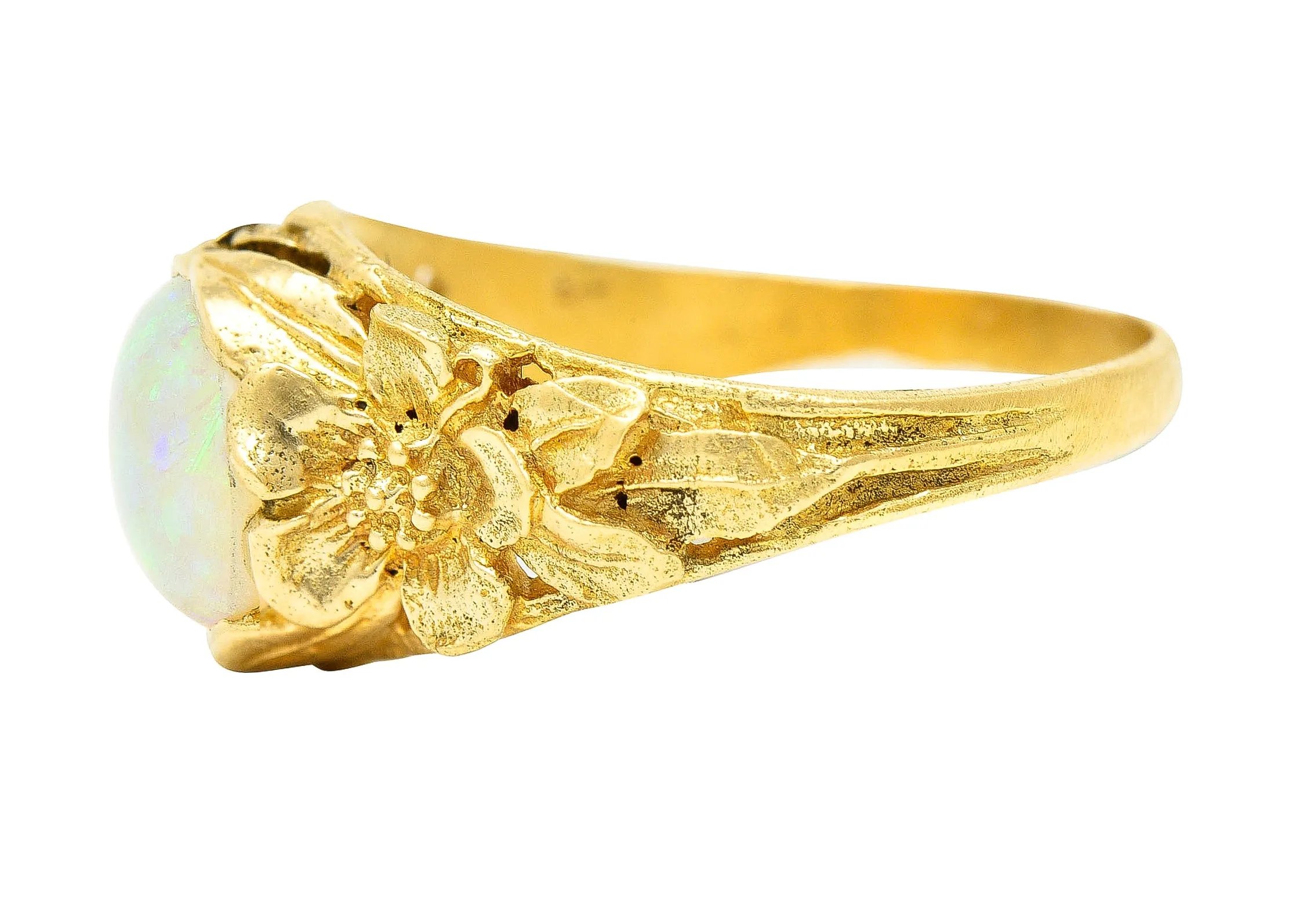 Art Nouveau Opal Cabochon 18 Karat Yellow Gold Forget-Me-Not Antique Ring