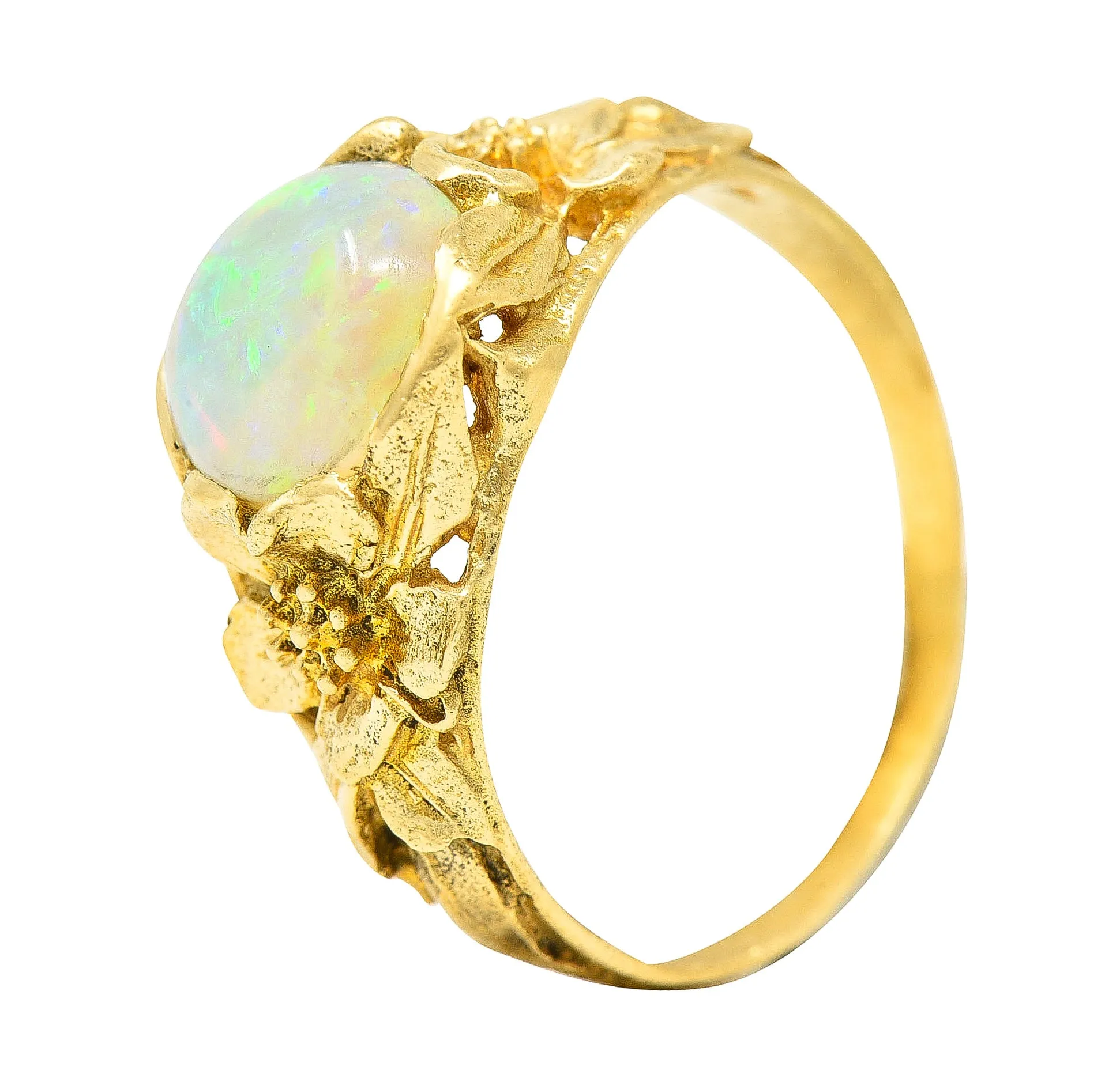 Art Nouveau Opal Cabochon 18 Karat Yellow Gold Forget-Me-Not Antique Ring
