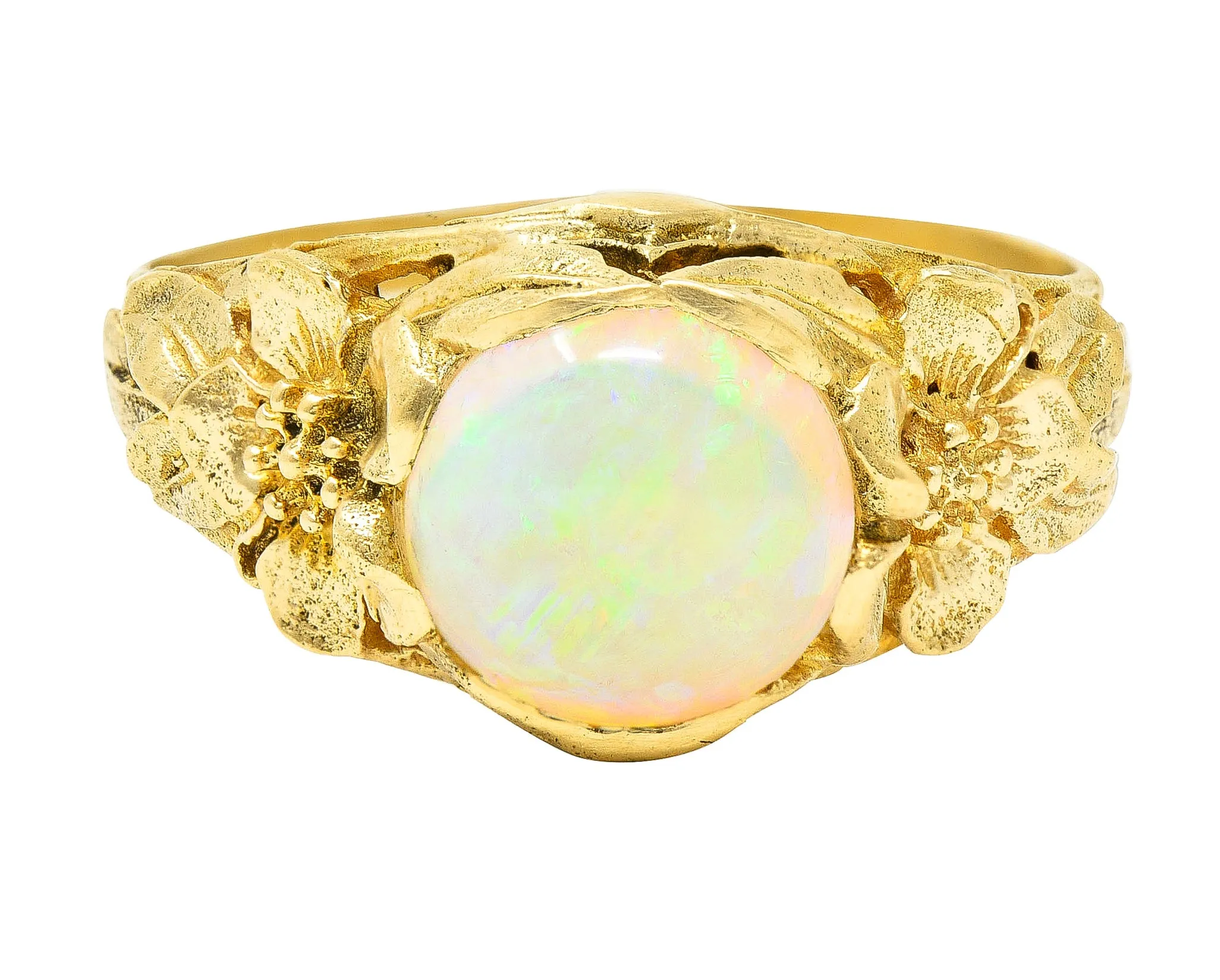 Art Nouveau Opal Cabochon 18 Karat Yellow Gold Forget-Me-Not Antique Ring