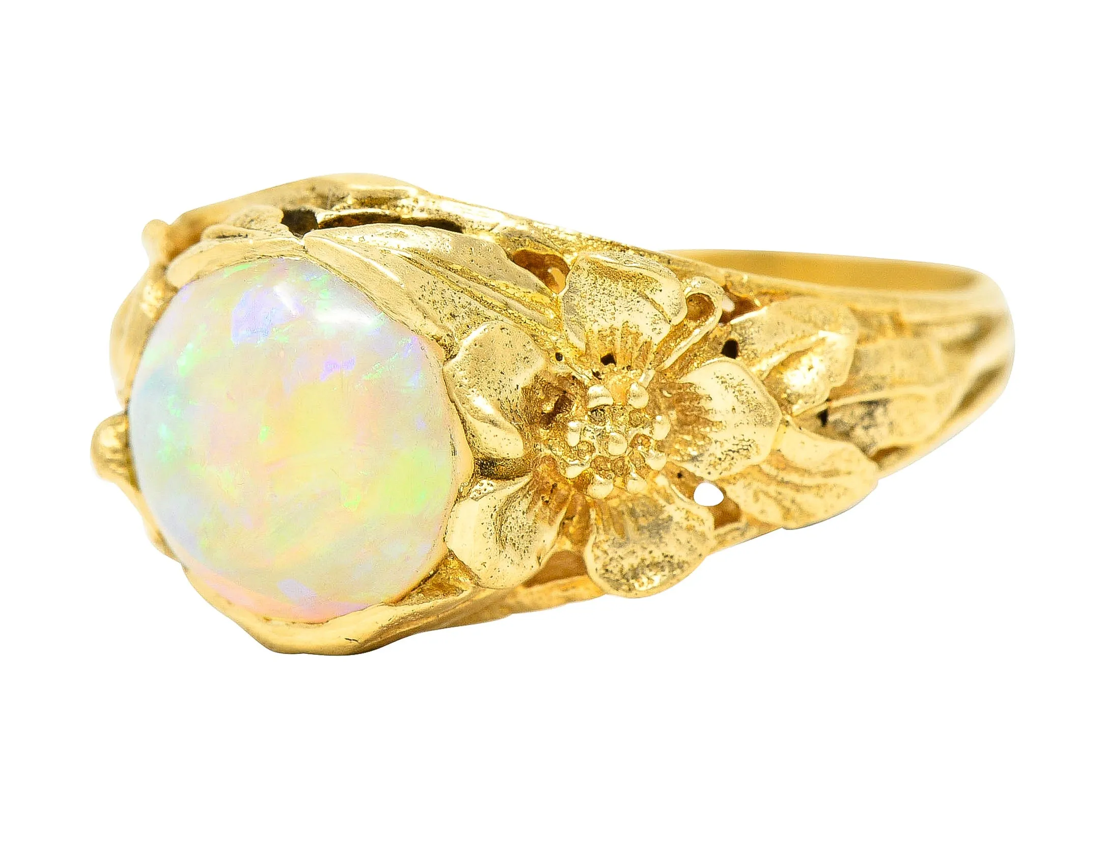 Art Nouveau Opal Cabochon 18 Karat Yellow Gold Forget-Me-Not Antique Ring