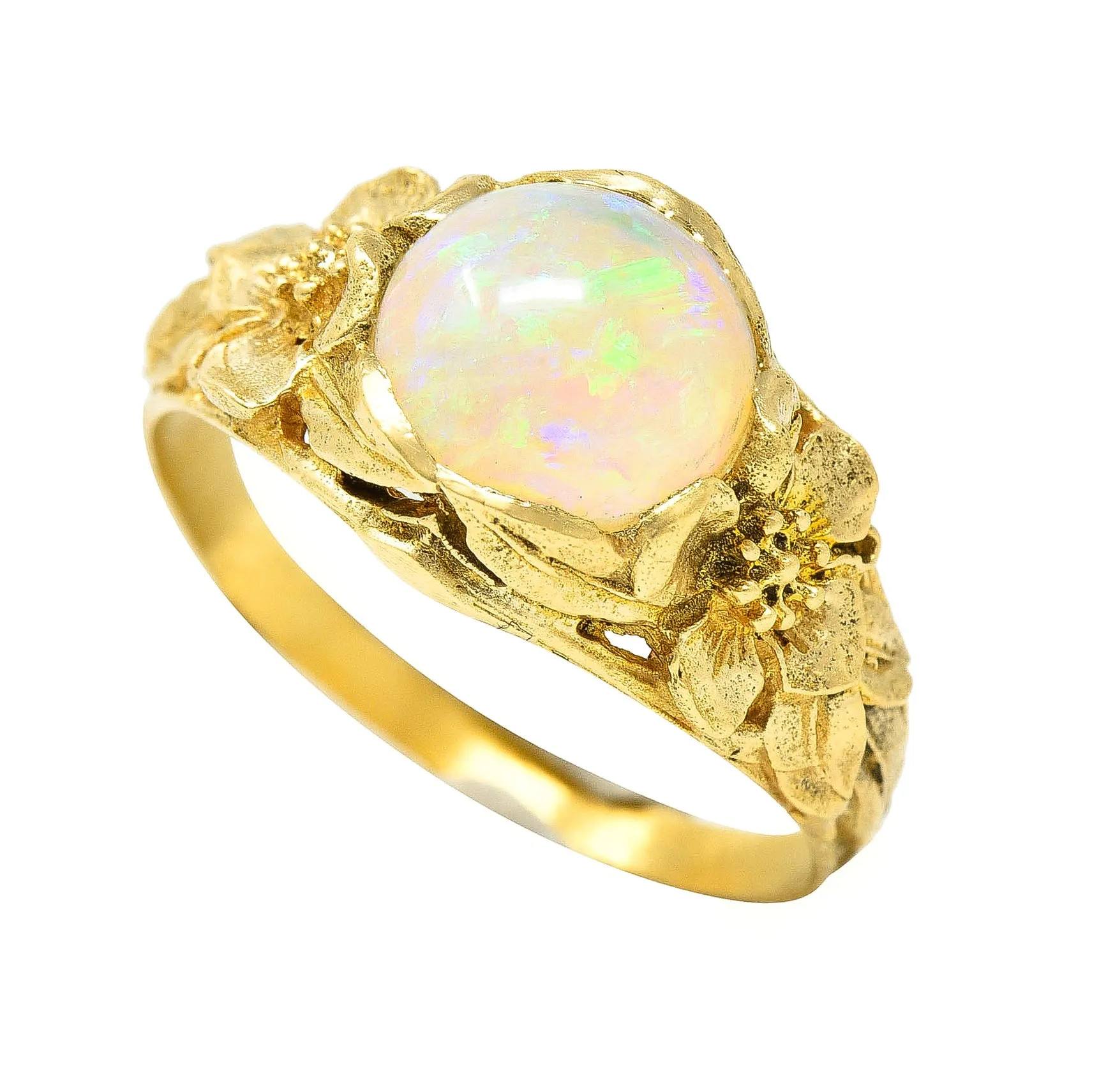 Art Nouveau Opal Cabochon 18 Karat Yellow Gold Forget-Me-Not Antique Ring