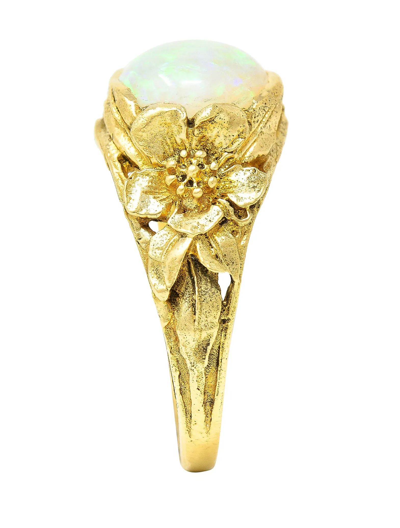 Art Nouveau Opal Cabochon 18 Karat Yellow Gold Forget-Me-Not Antique Ring