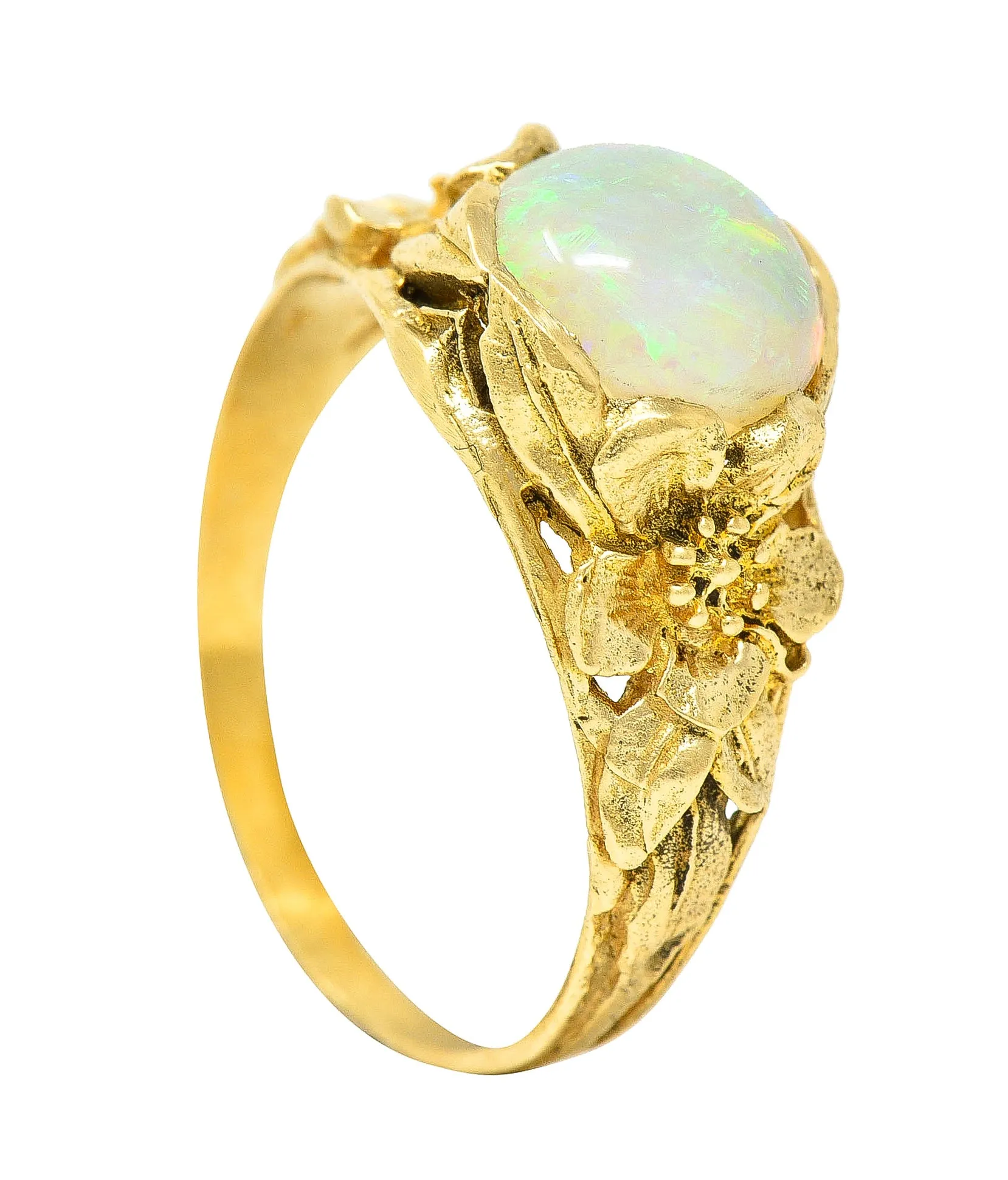 Art Nouveau Opal Cabochon 18 Karat Yellow Gold Forget-Me-Not Antique Ring