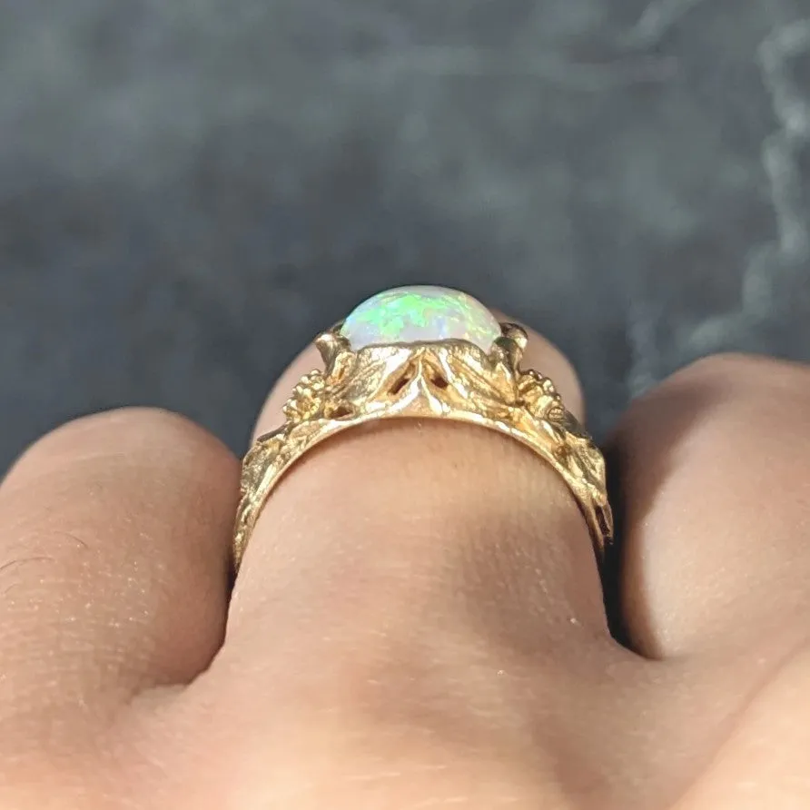 Art Nouveau Opal Cabochon 18 Karat Yellow Gold Forget-Me-Not Antique Ring