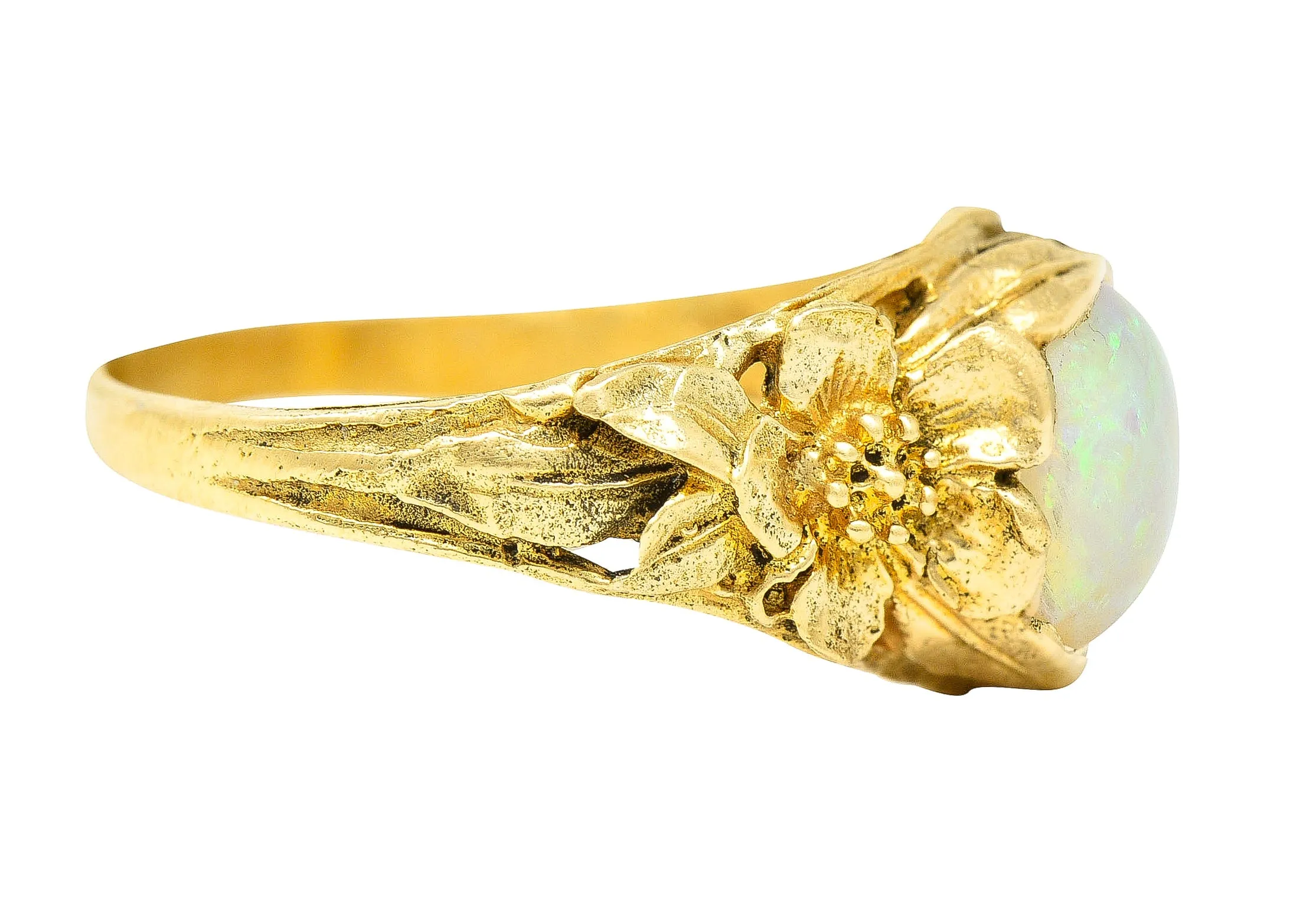 Art Nouveau Opal Cabochon 18 Karat Yellow Gold Forget-Me-Not Antique Ring