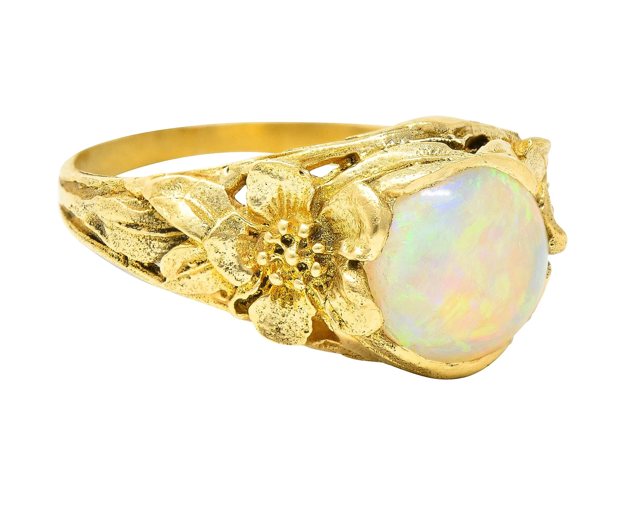 Art Nouveau Opal Cabochon 18 Karat Yellow Gold Forget-Me-Not Antique Ring