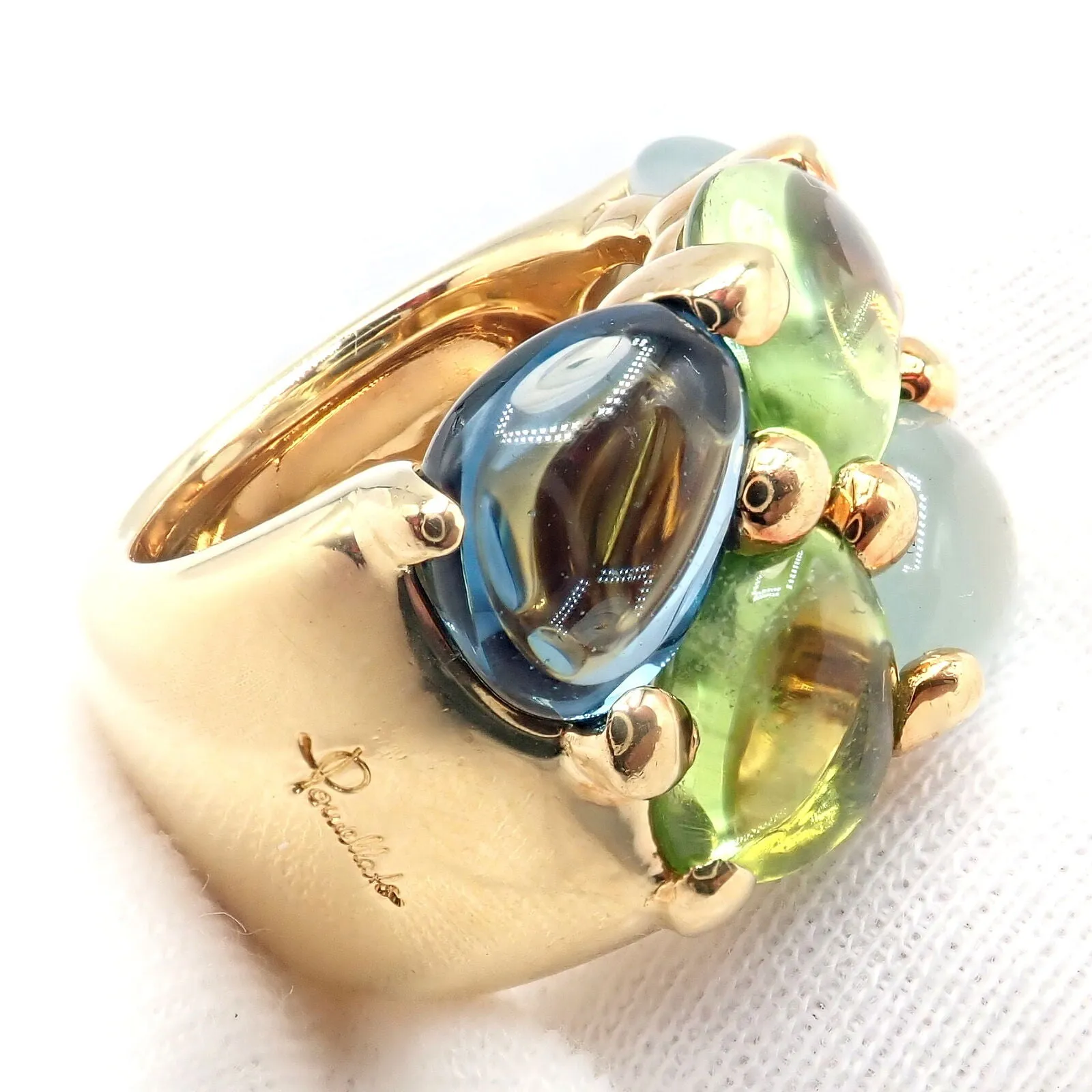 Authentic! Pomellato 18k Yellow Gold Sassi Large Peridot Topaz Aqua Ring sz 6