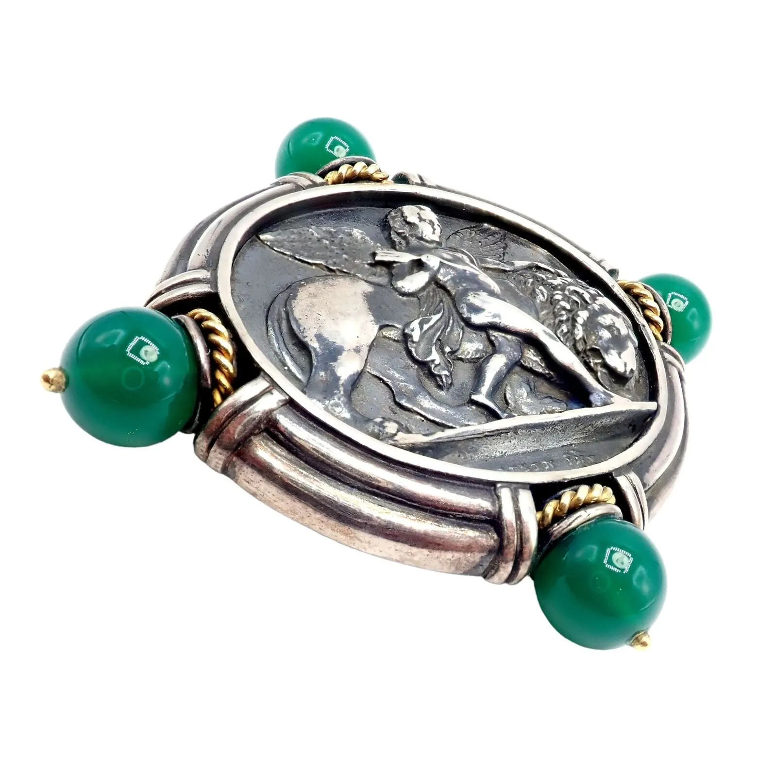 Authentic! SeidenGang 18k Yellow Gold Silver Large Medallion Chrysoprase Brooch