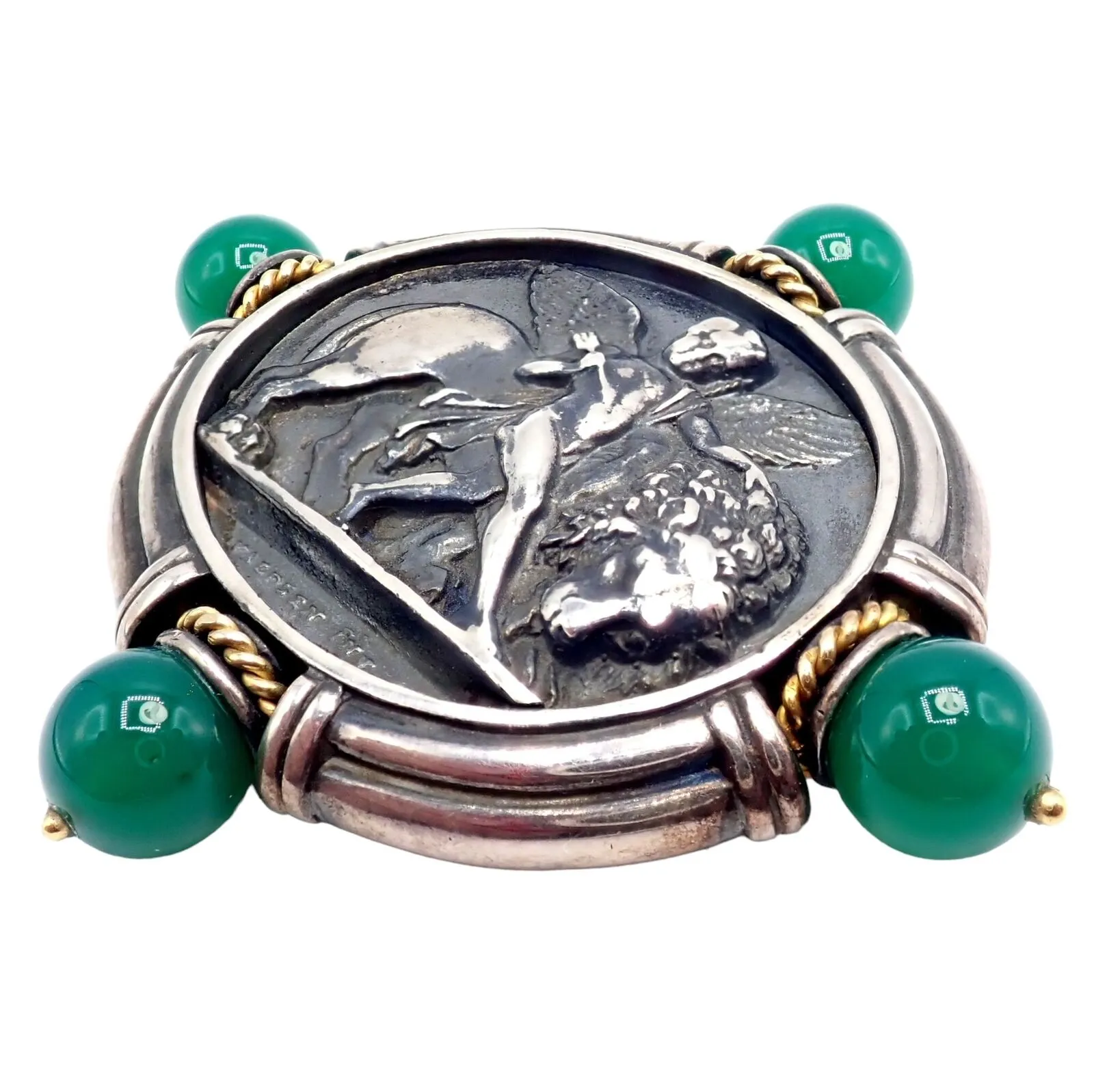 Authentic! SeidenGang 18k Yellow Gold Silver Large Medallion Chrysoprase Brooch