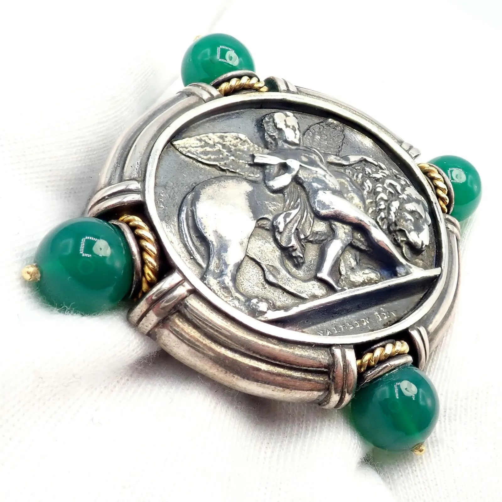 Authentic! SeidenGang 18k Yellow Gold Silver Large Medallion Chrysoprase Brooch