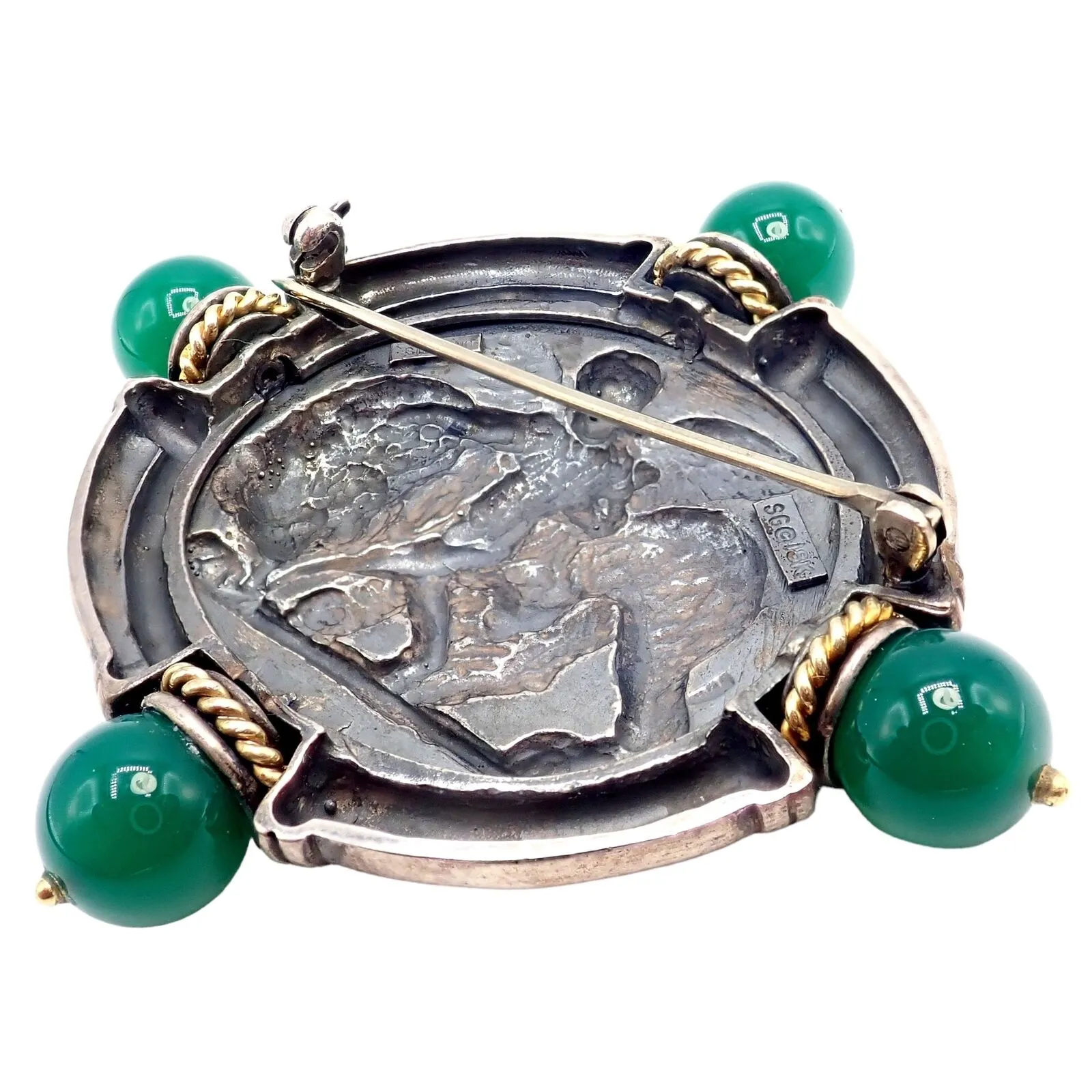 Authentic! SeidenGang 18k Yellow Gold Silver Large Medallion Chrysoprase Brooch