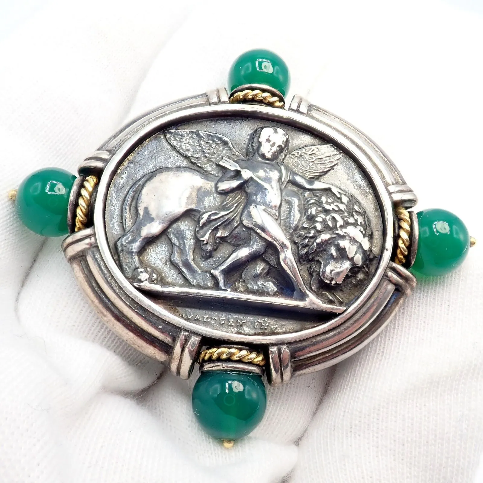 Authentic! SeidenGang 18k Yellow Gold Silver Large Medallion Chrysoprase Brooch