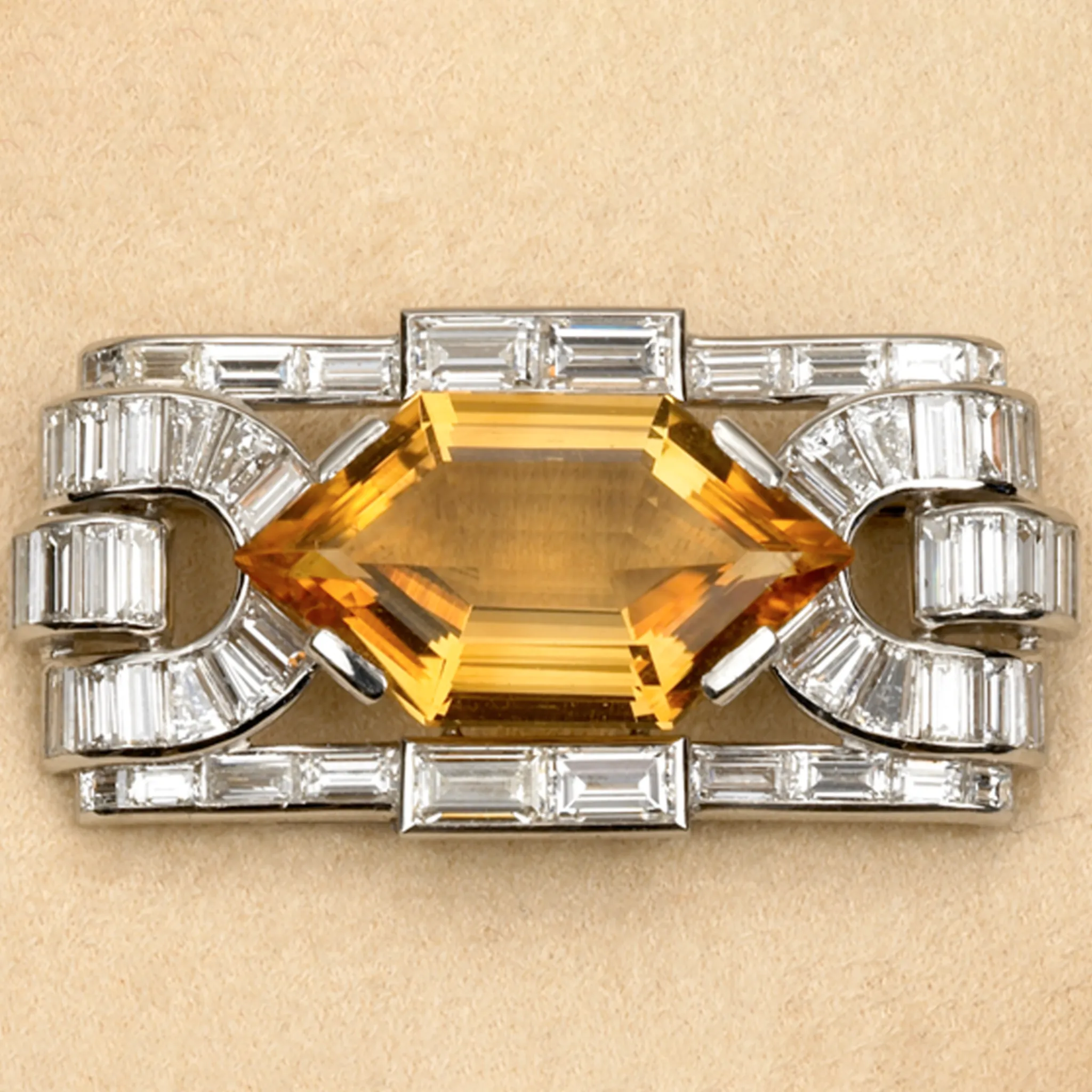 Boucheron Paris Art Deco Platinum Citrine & Diamond Brooch