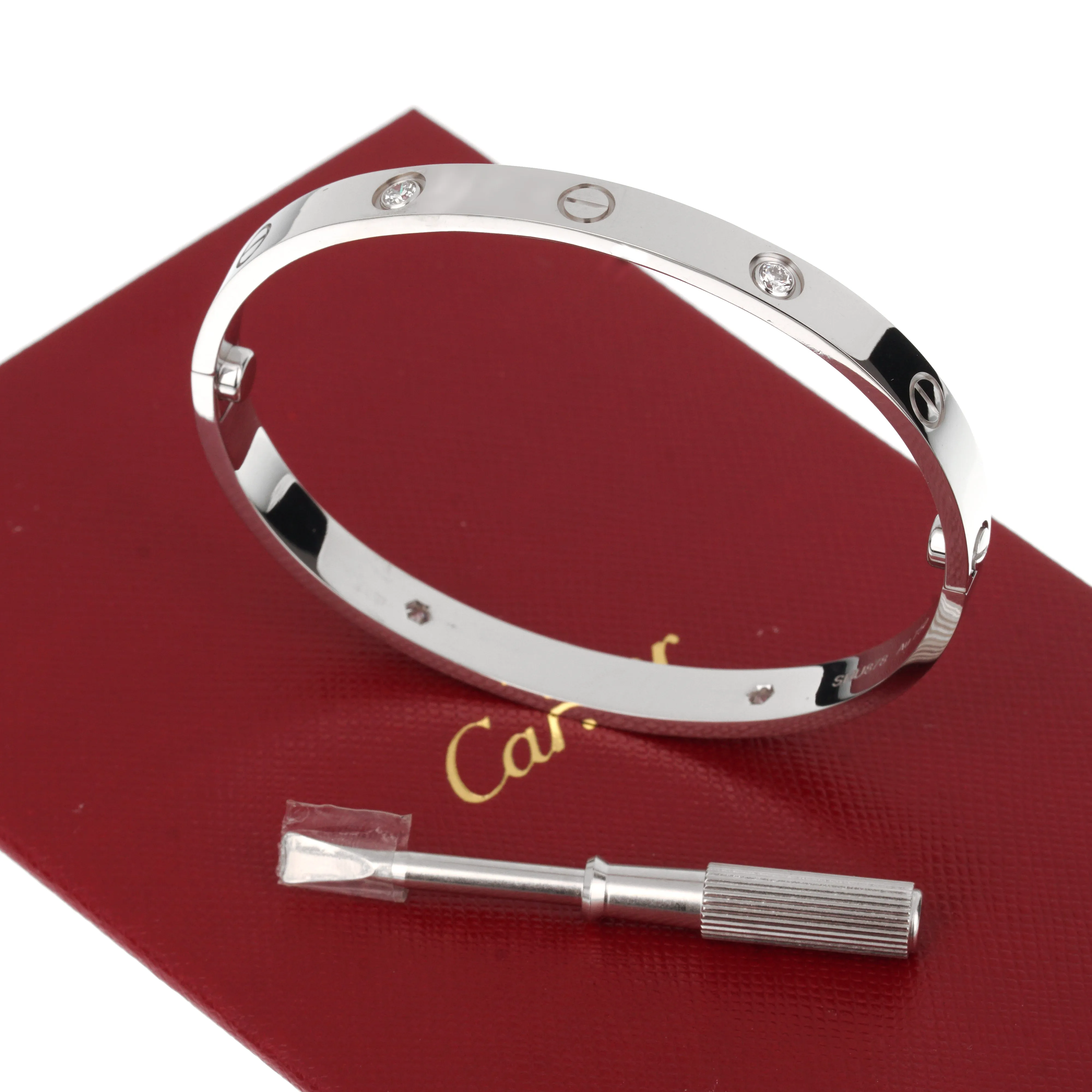 Cartier 4 Diamond Love Classic White Gold Bangle Bracelet Sz 18