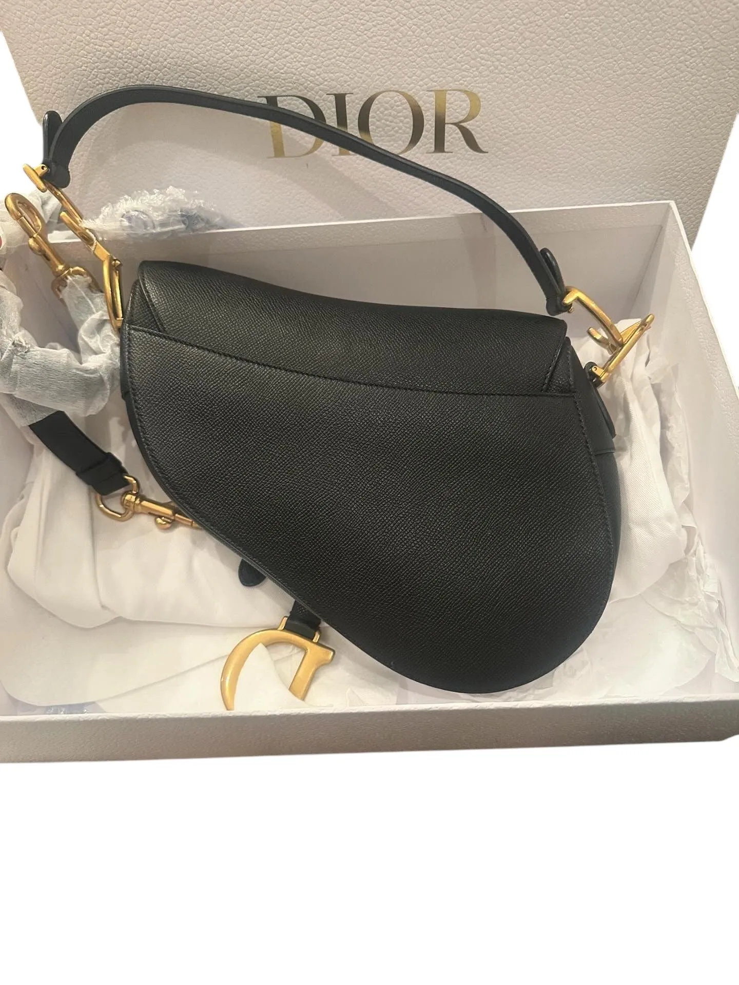 Christian Dior Saddle Bag Medium with Leather Strap, Black Grained Calfskin, Gold-tone Hardware