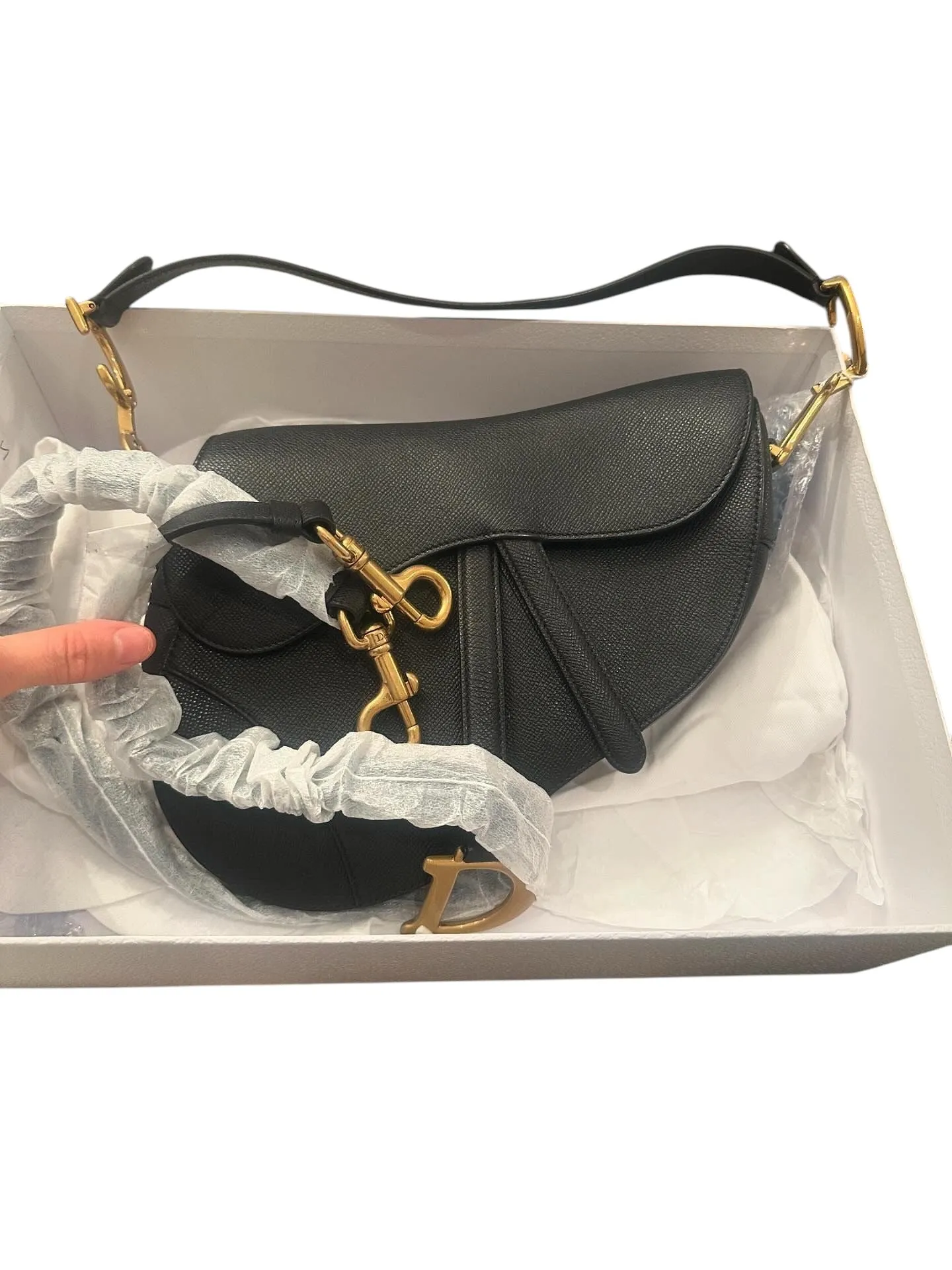 Christian Dior Saddle Bag Medium with Leather Strap, Black Grained Calfskin, Gold-tone Hardware