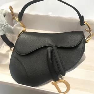 Christian Dior Saddle Bag Medium with Leather Strap, Black Grained Calfskin, Gold-tone Hardware