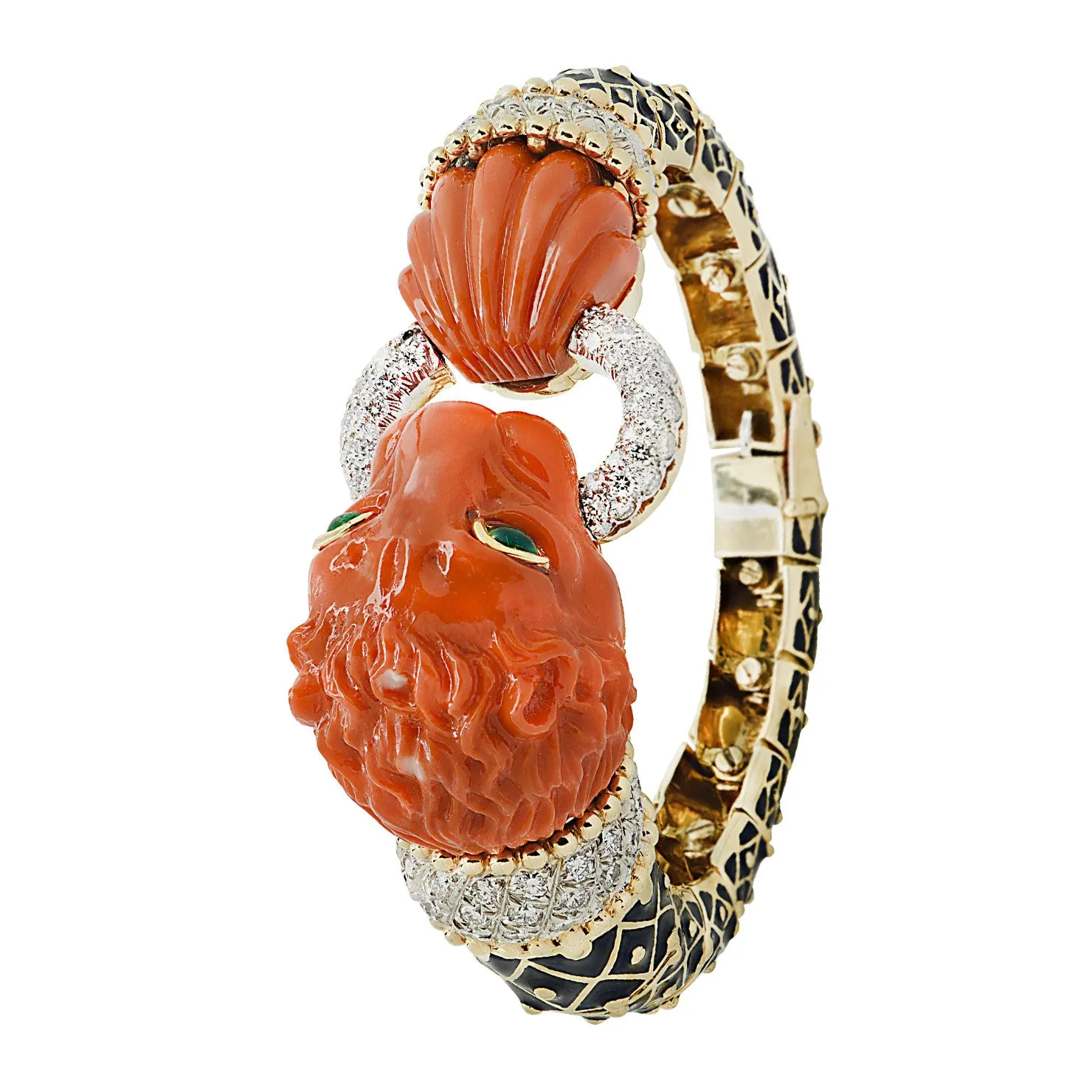 David Webb Post-1980s 18KT Yellow Gold Coral, Diamond, Emerald & Enamel Lion Bracelet