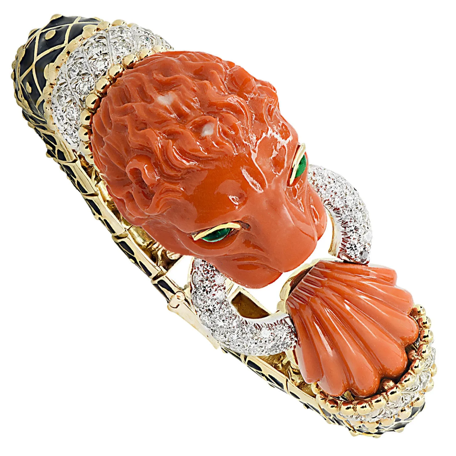 David Webb Post-1980s 18KT Yellow Gold Coral, Diamond, Emerald & Enamel Lion Bracelet