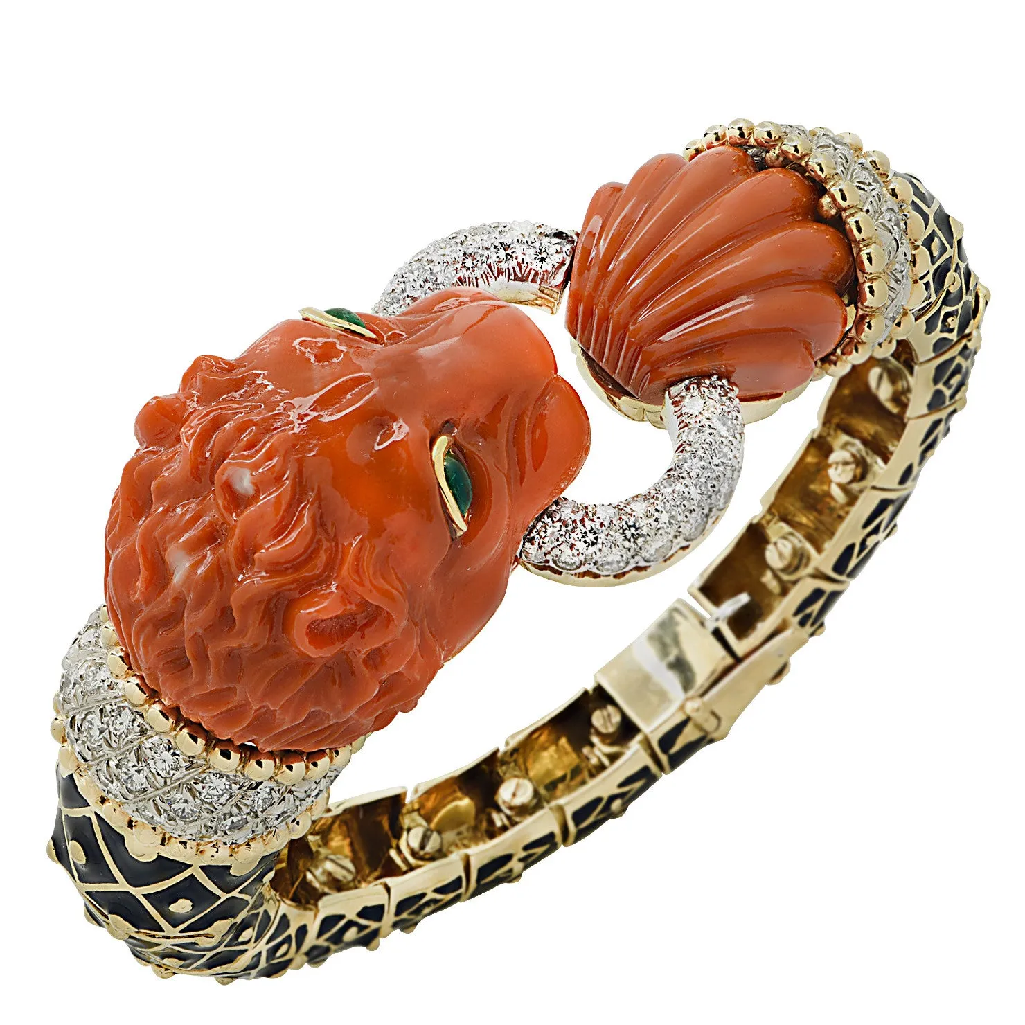 David Webb Post-1980s 18KT Yellow Gold Coral, Diamond, Emerald & Enamel Lion Bracelet