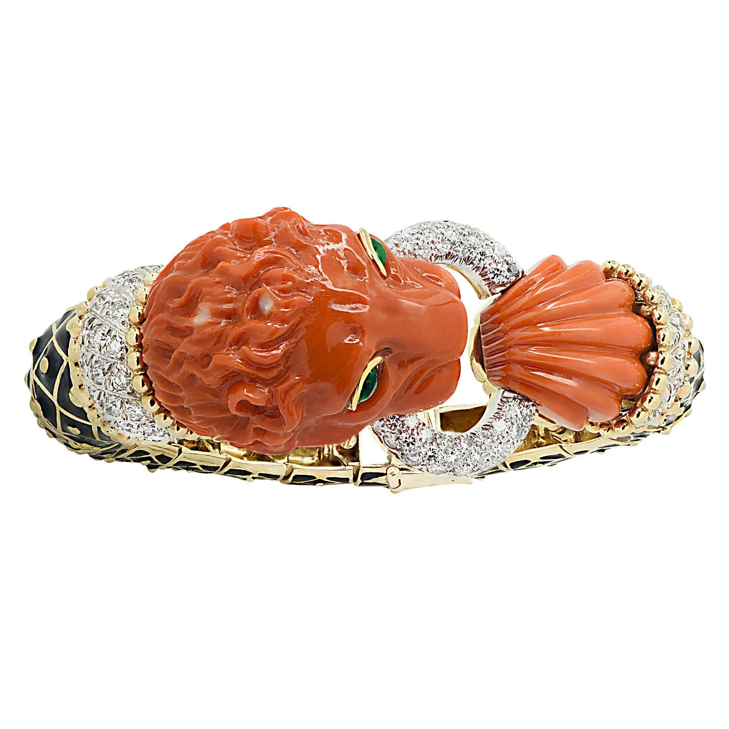 David Webb Post-1980s 18KT Yellow Gold Coral, Diamond, Emerald & Enamel Lion Bracelet