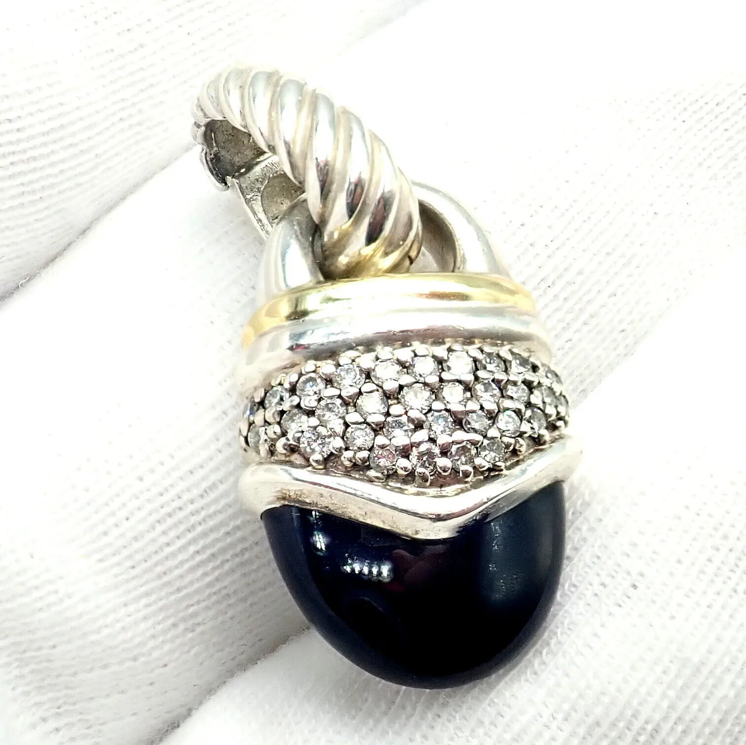 David Yurman 18k Yellow Gold   Silver Onyx Diamond Acorn Pendant