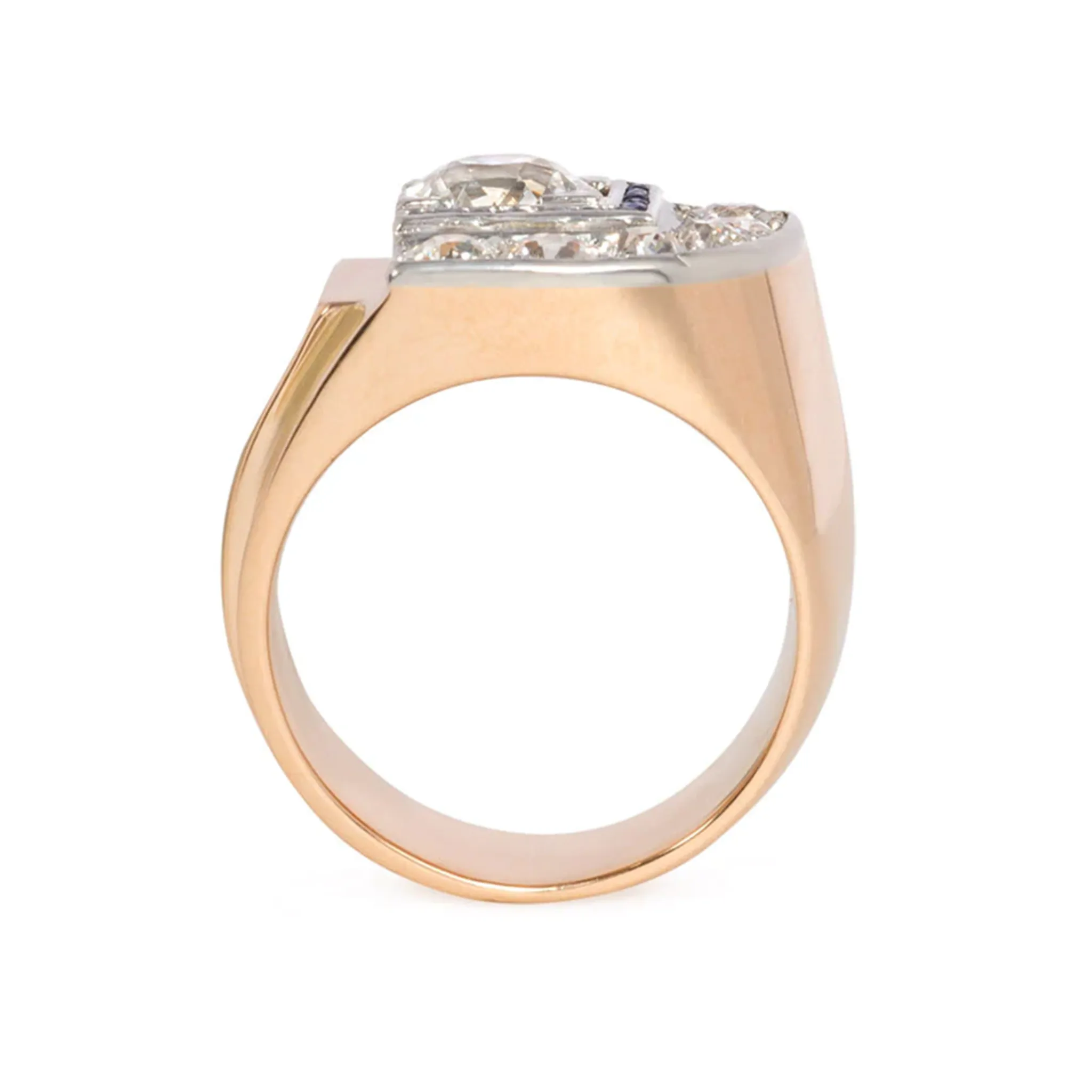 French Art Deco Platinum & 18KT Yellow Gold Diamond & Sapphire Ring