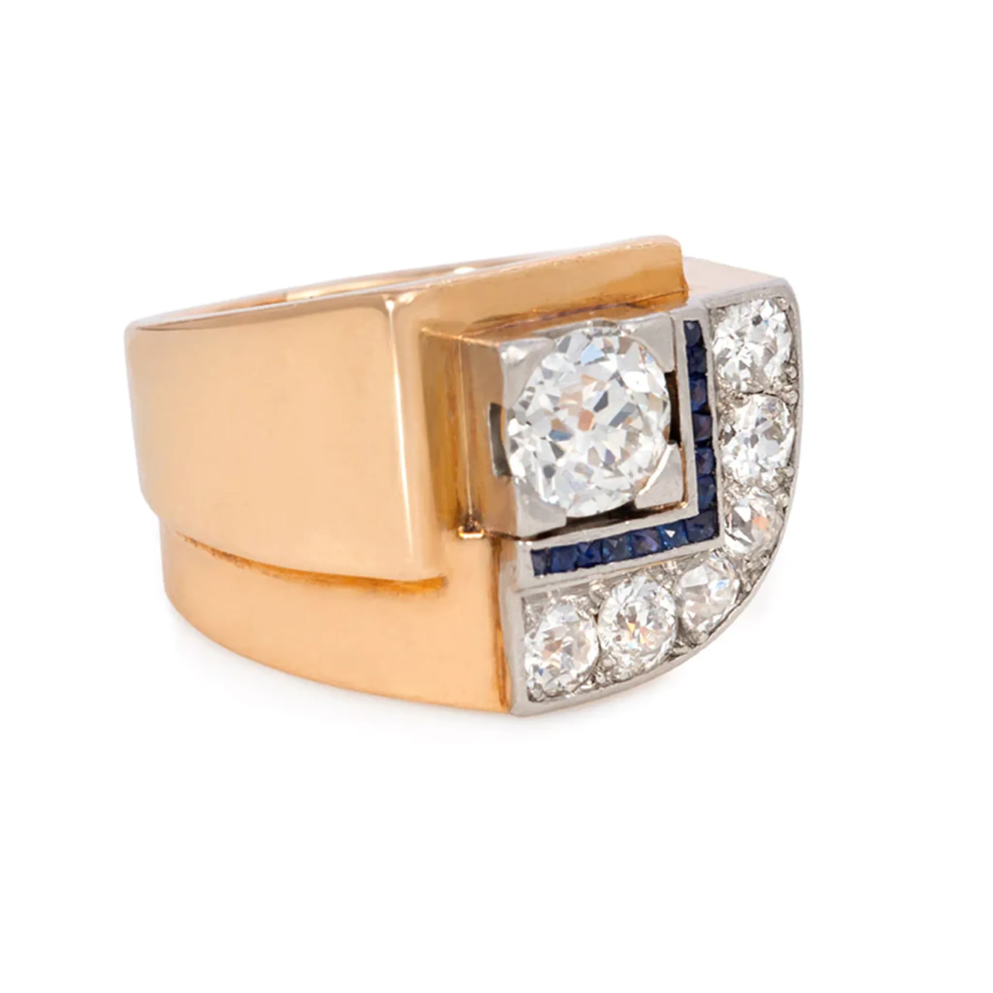 French Art Deco Platinum & 18KT Yellow Gold Diamond & Sapphire Ring