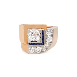 French Art Deco Platinum & 18KT Yellow Gold Diamond & Sapphire Ring