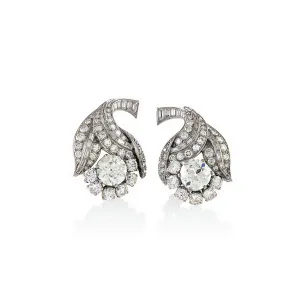 French Art Deco Platinum Diamond Flower Earrings
