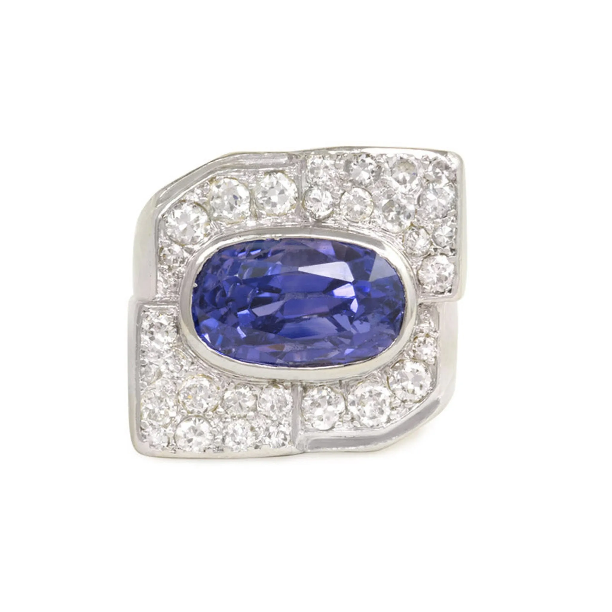 French Art Deco Platinum Sapphire & Diamond Ring