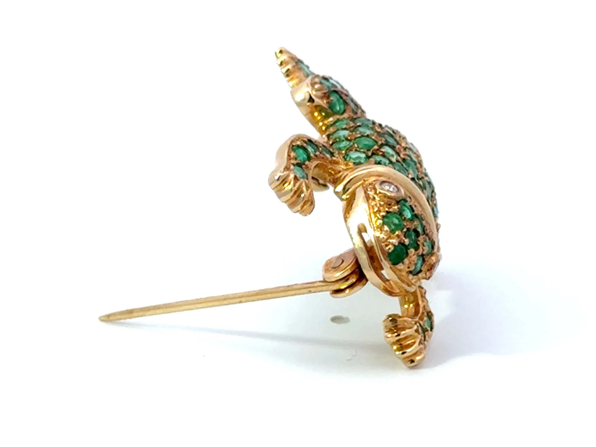 Green Emerald Frog Diamond Eyes Brooch 18k Yellow Gold