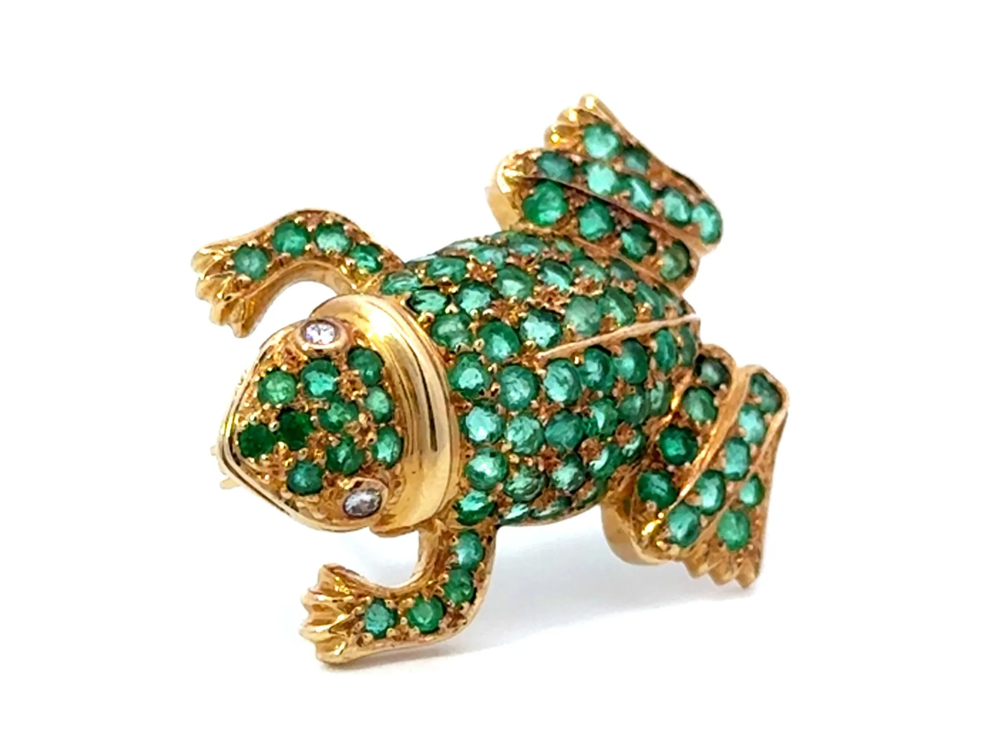 Green Emerald Frog Diamond Eyes Brooch 18k Yellow Gold
