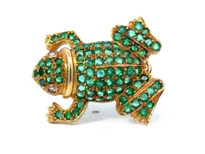 Green Emerald Frog Diamond Eyes Brooch 18k Yellow Gold