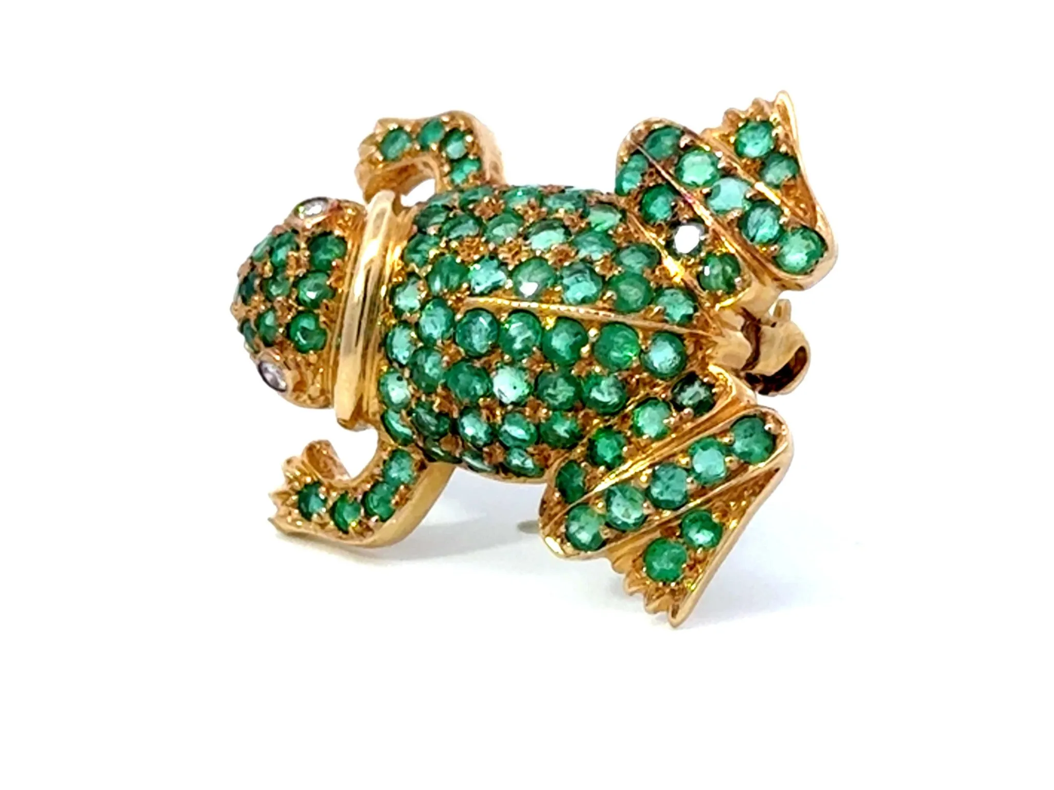 Green Emerald Frog Diamond Eyes Brooch 18k Yellow Gold